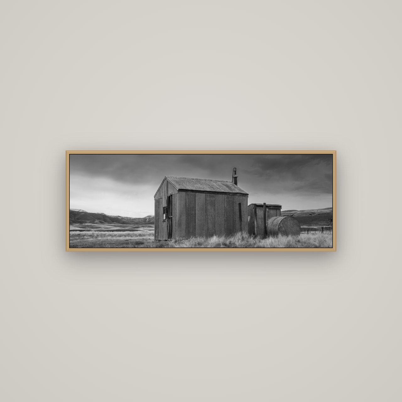 Whispers of Solitude, The Iron Hut, Basel Natural Oak, 113×40 cm. New Zealand fine art wall art by Stephen Milner.