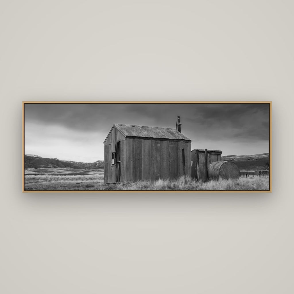 Whispers of Solitude, The Iron Hut, Basel Natural Oak, 170×60 cm. New Zealand fine art wall art by Stephen Milner.