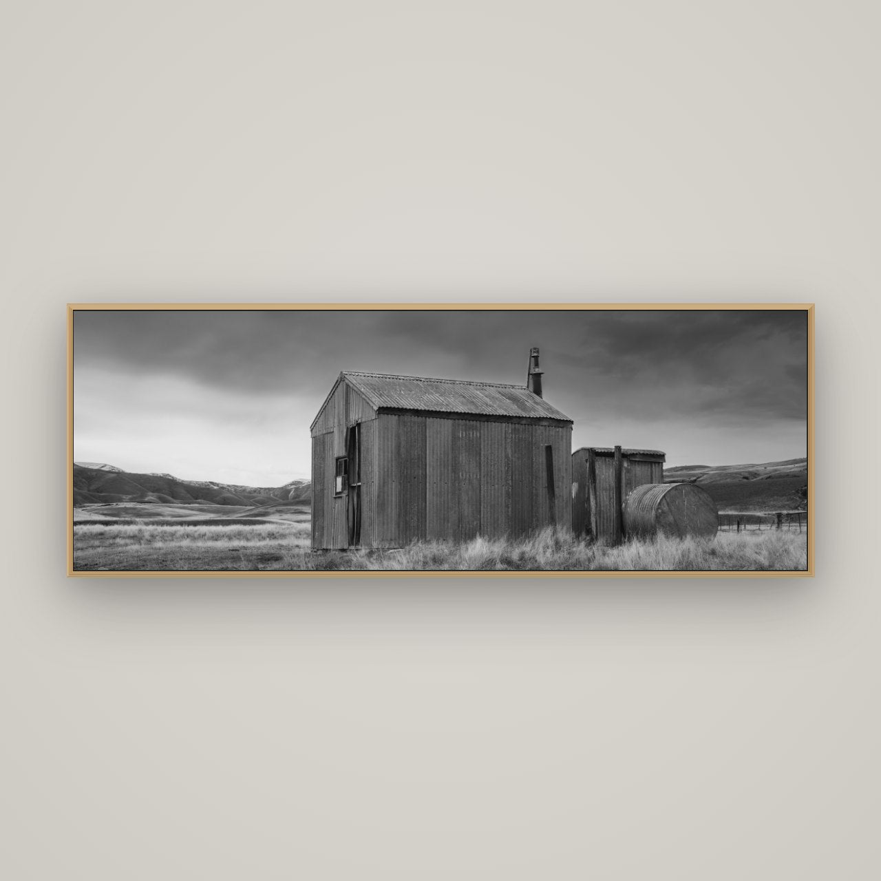 Whispers of Solitude, The Iron Hut, Basel Natural Oak, 170×60 cm. New Zealand fine art wall art by Stephen Milner.