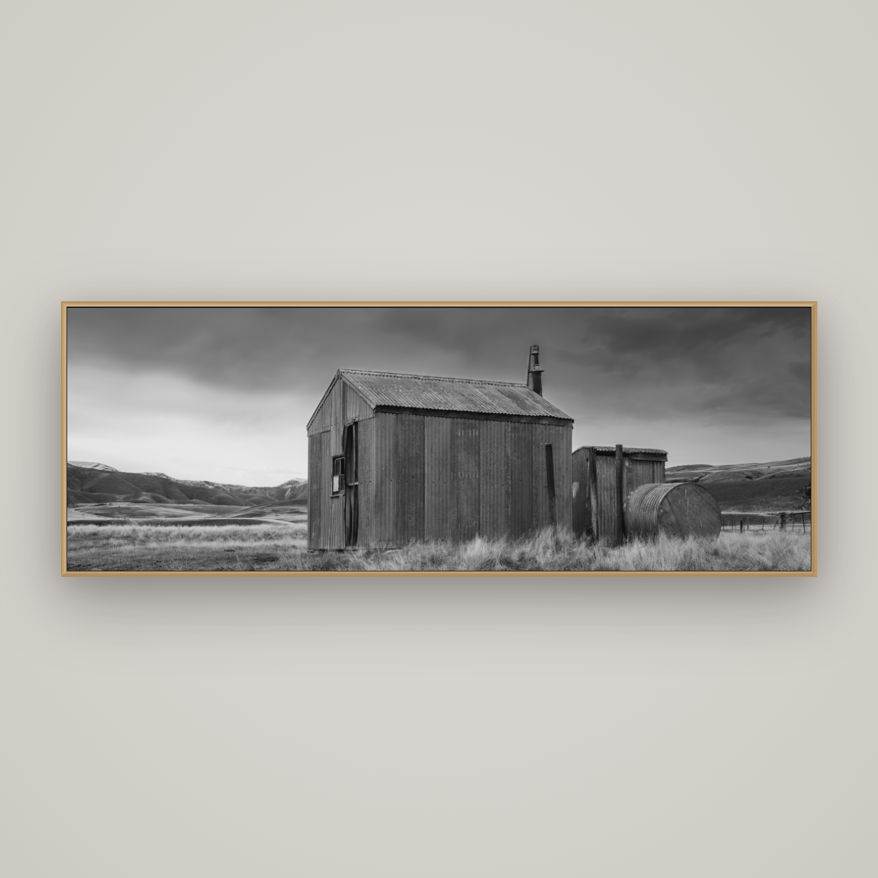 Whispers of Solitude, The Iron Hut, Basel Natural Oak, 198×70 cm. New Zealand fine art wall art by Stephen Milner.