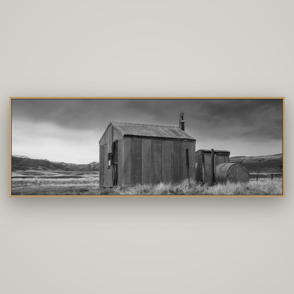 Whispers of Solitude, The Iron Hut, Basel Natural Oak, 198×70 cm. New Zealand fine art wall art by Stephen Milner.