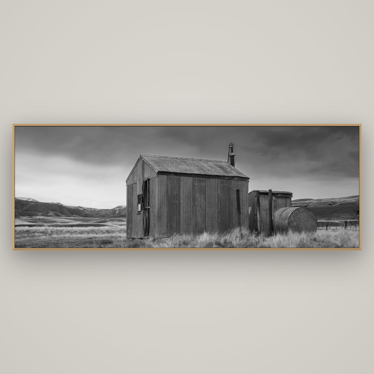 Whispers of Solitude, The Iron Hut, Basel Natural Oak, 227×80 cm. New Zealand fine art wall art by Stephen Milner.