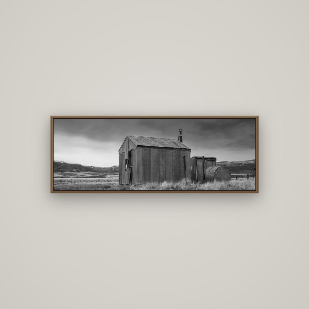 Whispers of Solitude, The Iron Hut, Basel Walnut, 113×40 cm. New Zealand fine art wall art by Stephen Milner.