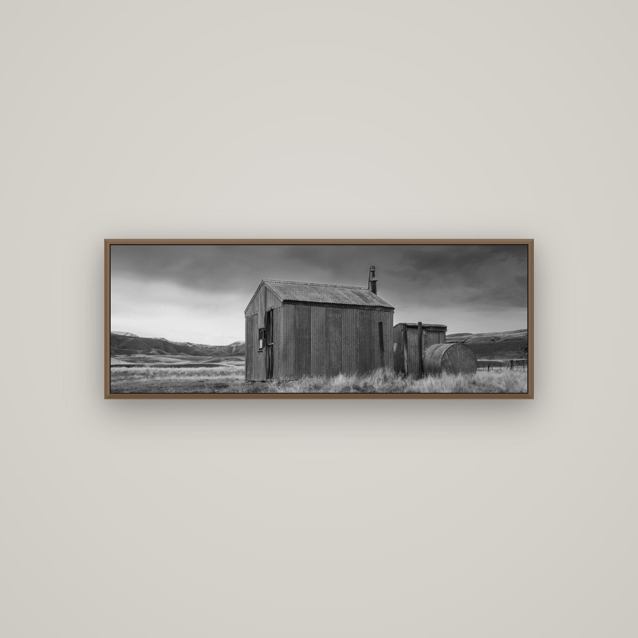 Whispers of Solitude, The Iron Hut, Basel Walnut, 113×40 cm. New Zealand fine art wall art by Stephen Milner.