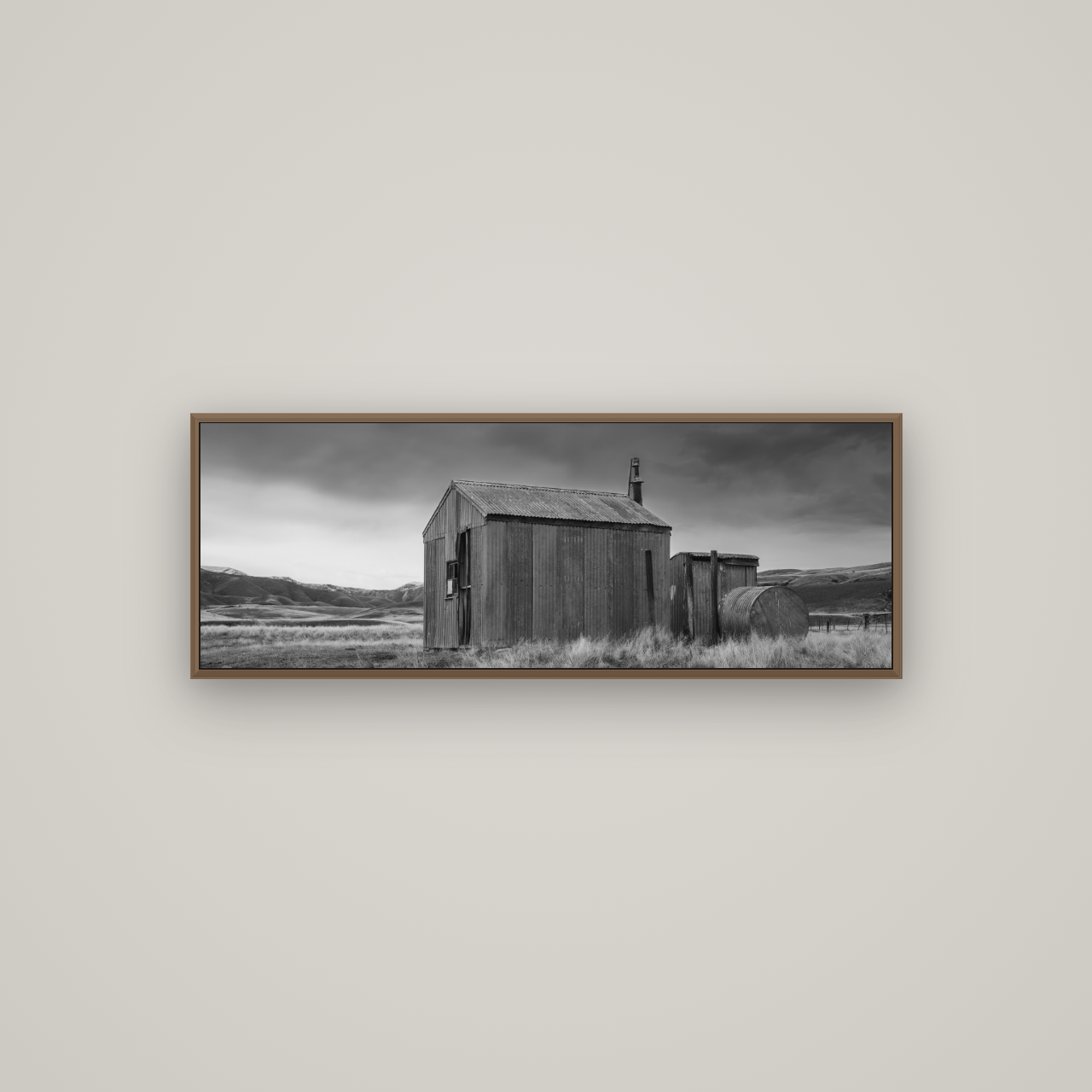 Whispers of Solitude, The Iron Hut, Basel Walnut, 113×40 cm. New Zealand fine art wall art by Stephen Milner.