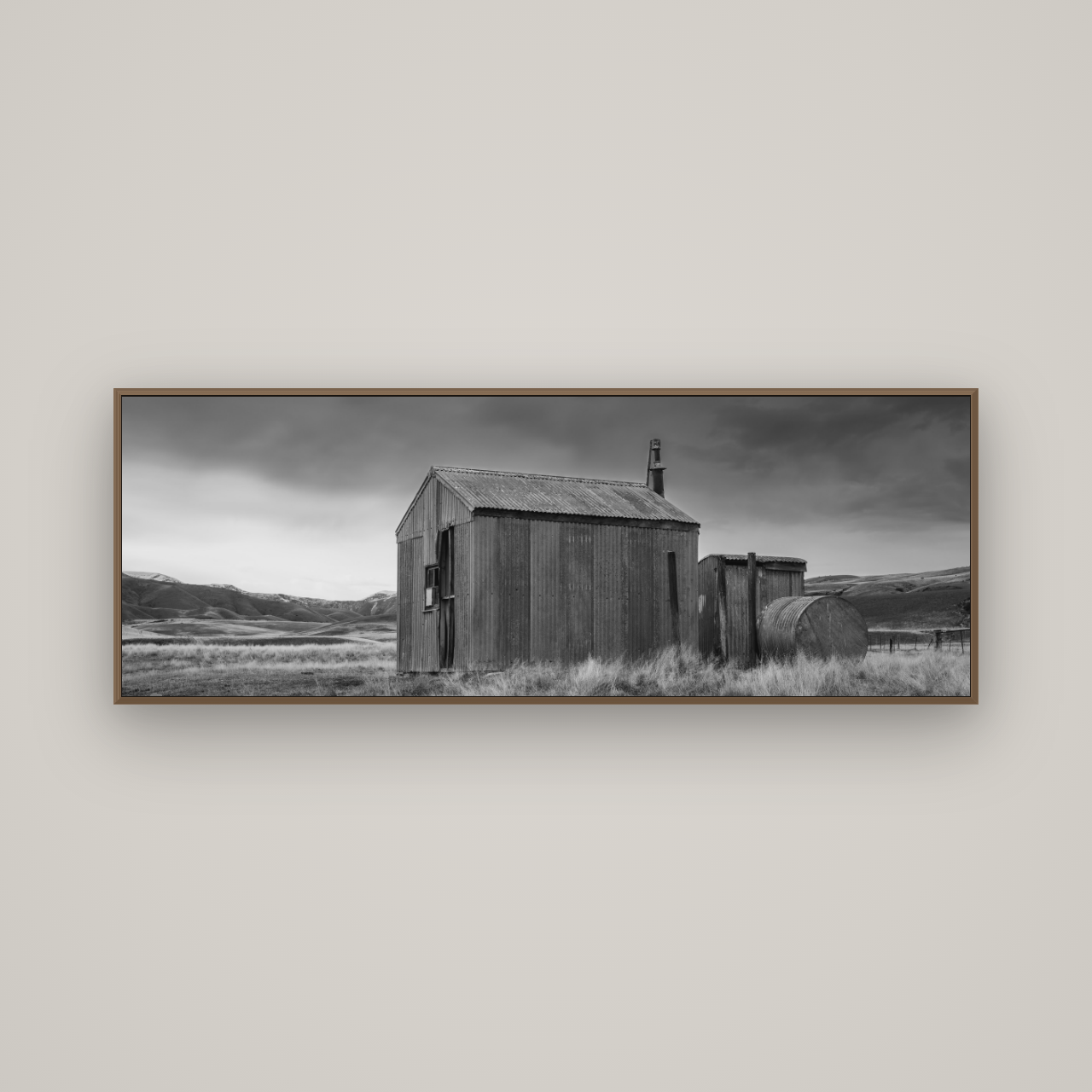 Whispers of Solitude, The Iron Hut, Basel Walnut, 170×60 cm. New Zealand fine art wall art by Stephen Milner.
