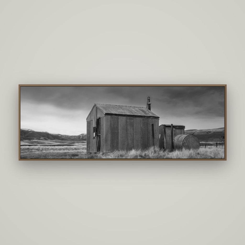 Whispers of Solitude, The Iron Hut, Basel Walnut, 170×60 cm. New Zealand fine art wall art by Stephen Milner.