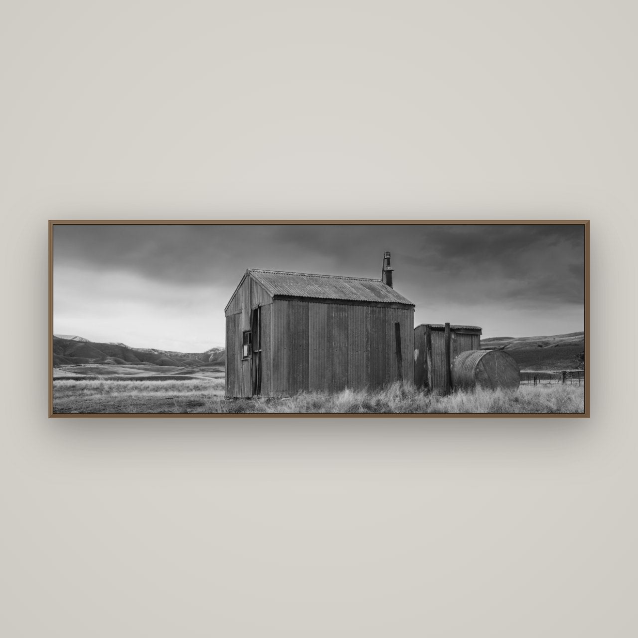Whispers of Solitude, The Iron Hut, Basel Walnut, 170×60 cm. New Zealand fine art wall art by Stephen Milner.