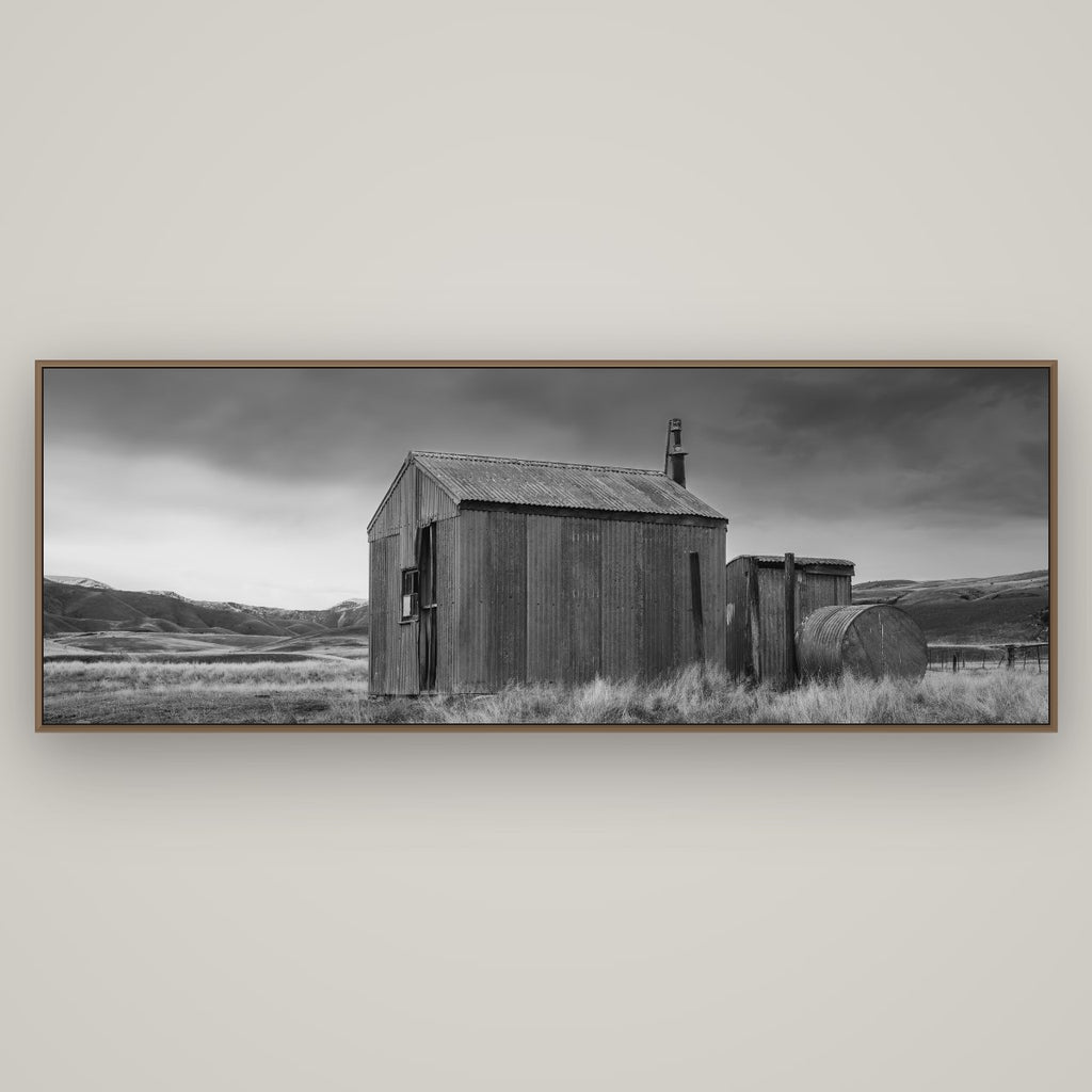 Whispers of Solitude, The Iron Hut, Basel Walnut, 198×70 cm. New Zealand fine art wall art by Stephen Milner.