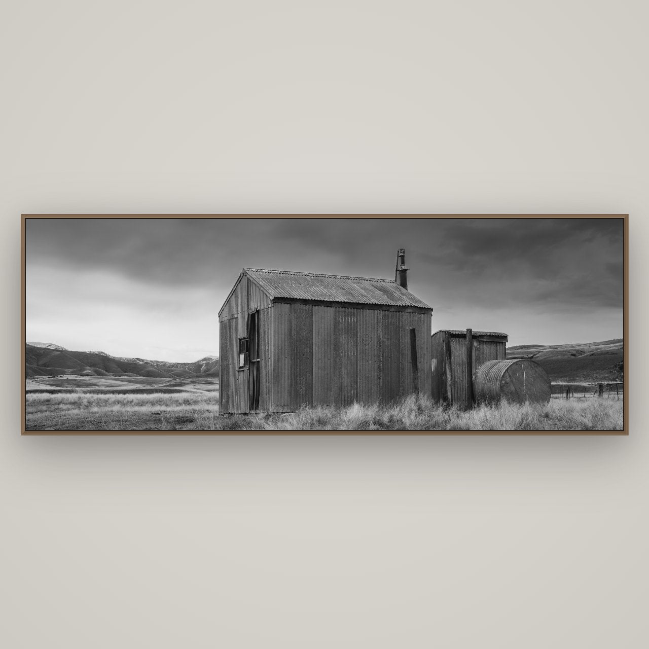 Whispers of Solitude, The Iron Hut, Basel Walnut, 198×70 cm. New Zealand fine art wall art by Stephen Milner.
