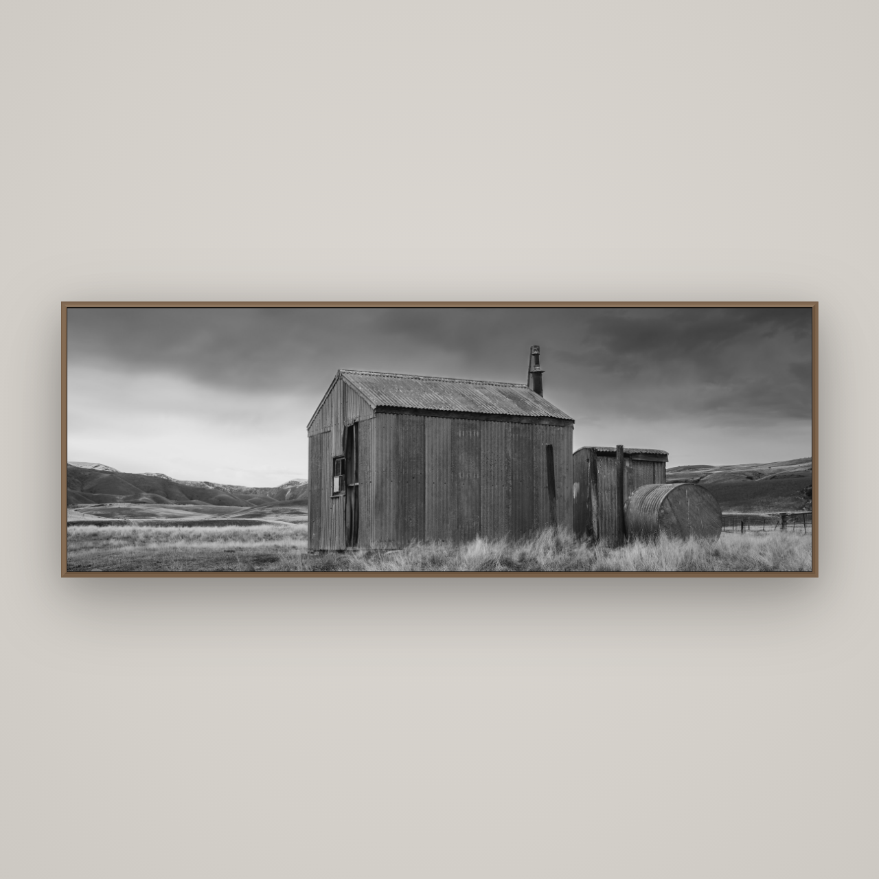 Whispers of Solitude, The Iron Hut, Basel Walnut, 198×70 cm. New Zealand fine art wall art by Stephen Milner.