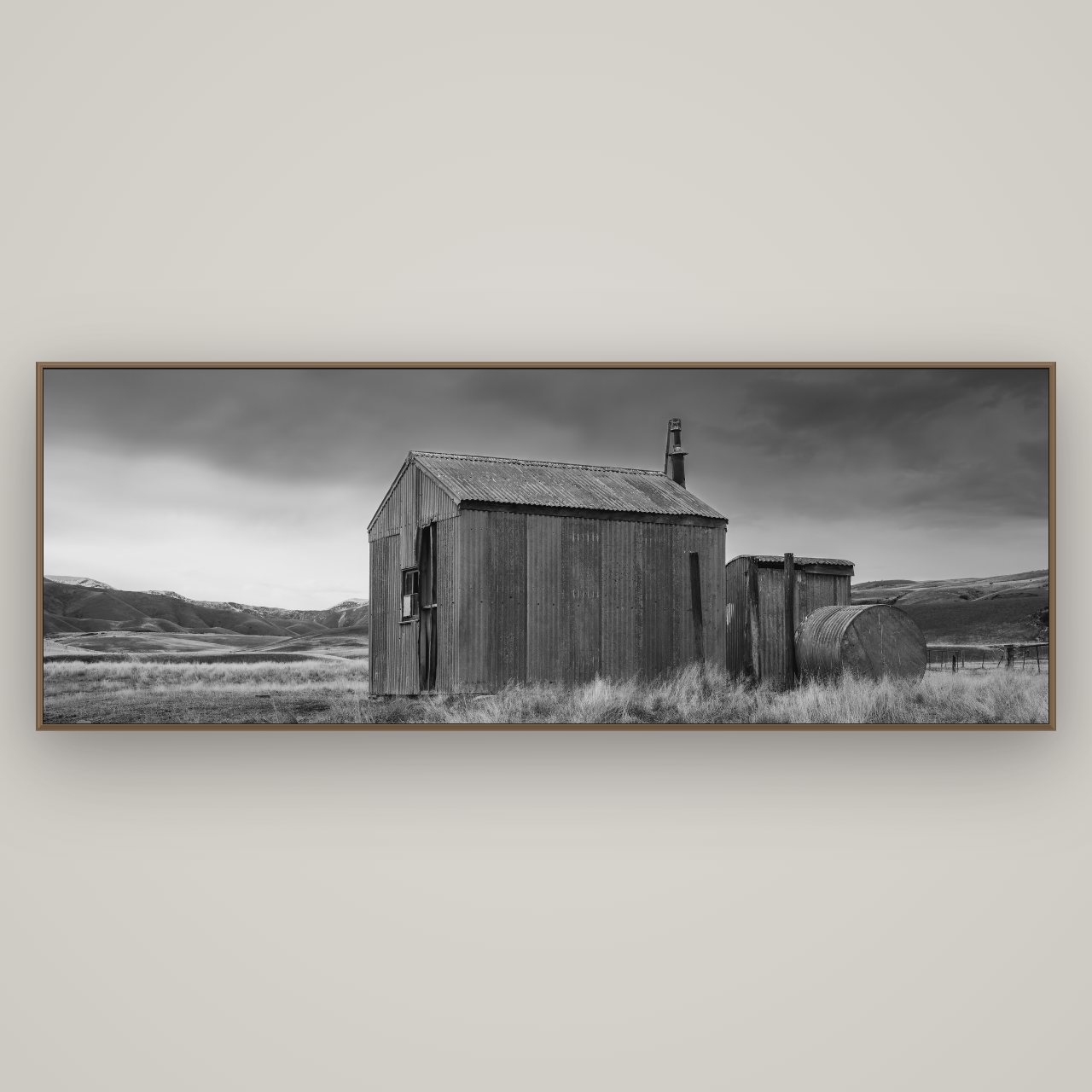 Whispers of Solitude, The Iron Hut, Basel Walnut, 227×80 cm. New Zealand fine art wall art by Stephen Milner.