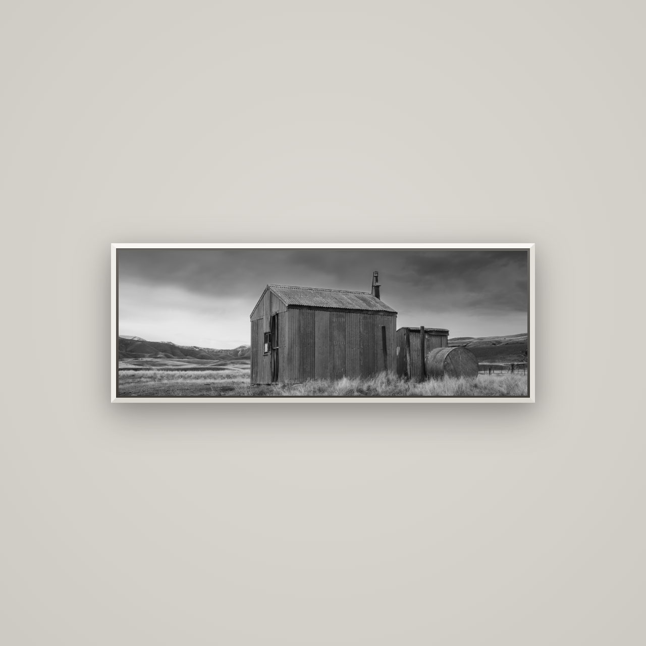Whispers of Solitude, The Iron Hut — Basel White, 113×40 cm. New Zealand fine art wall art by Stephen Milner.