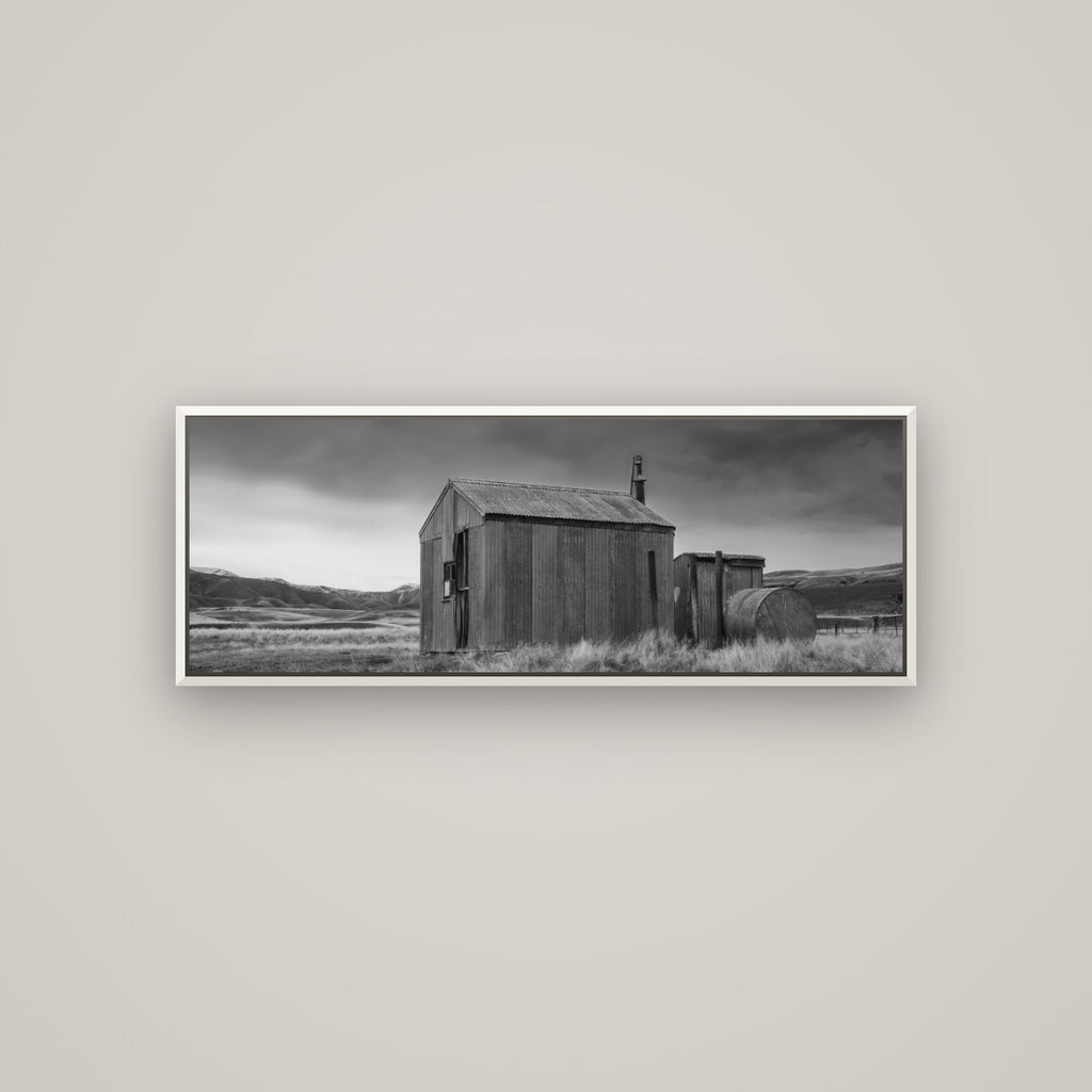 Whispers of Solitude, The Iron Hut — Basel White, 113×40 cm. New Zealand fine art wall art by Stephen Milner.