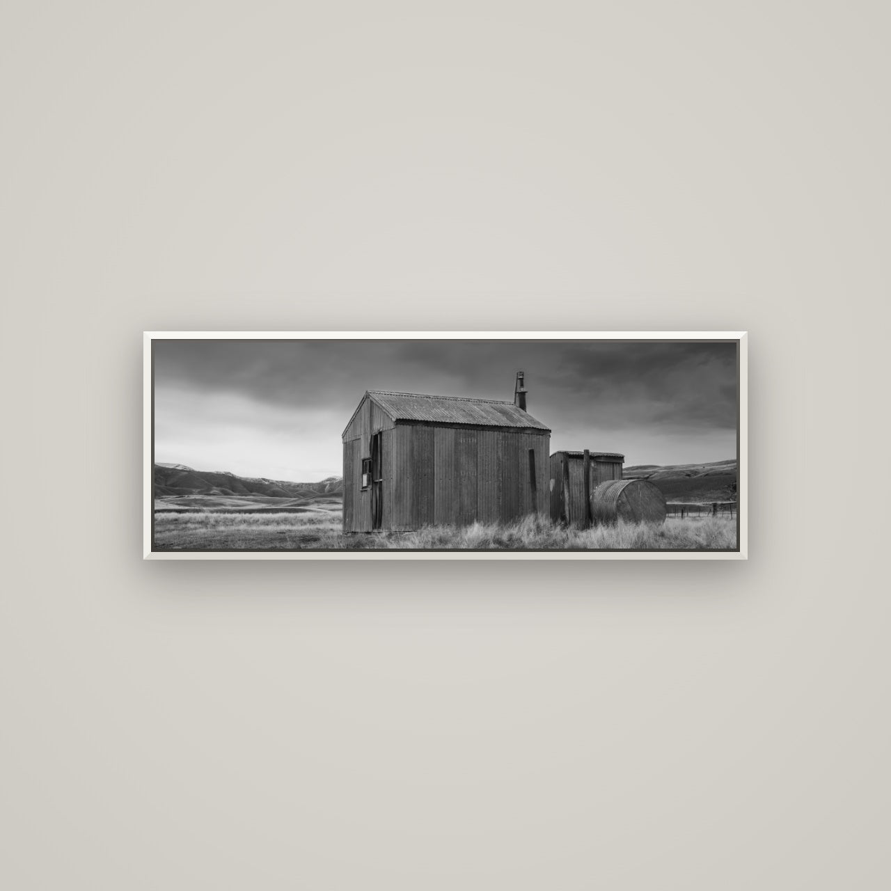 Whispers of Solitude, The Iron Hut — Basel White, 113×40 cm. New Zealand fine art wall art by Stephen Milner.