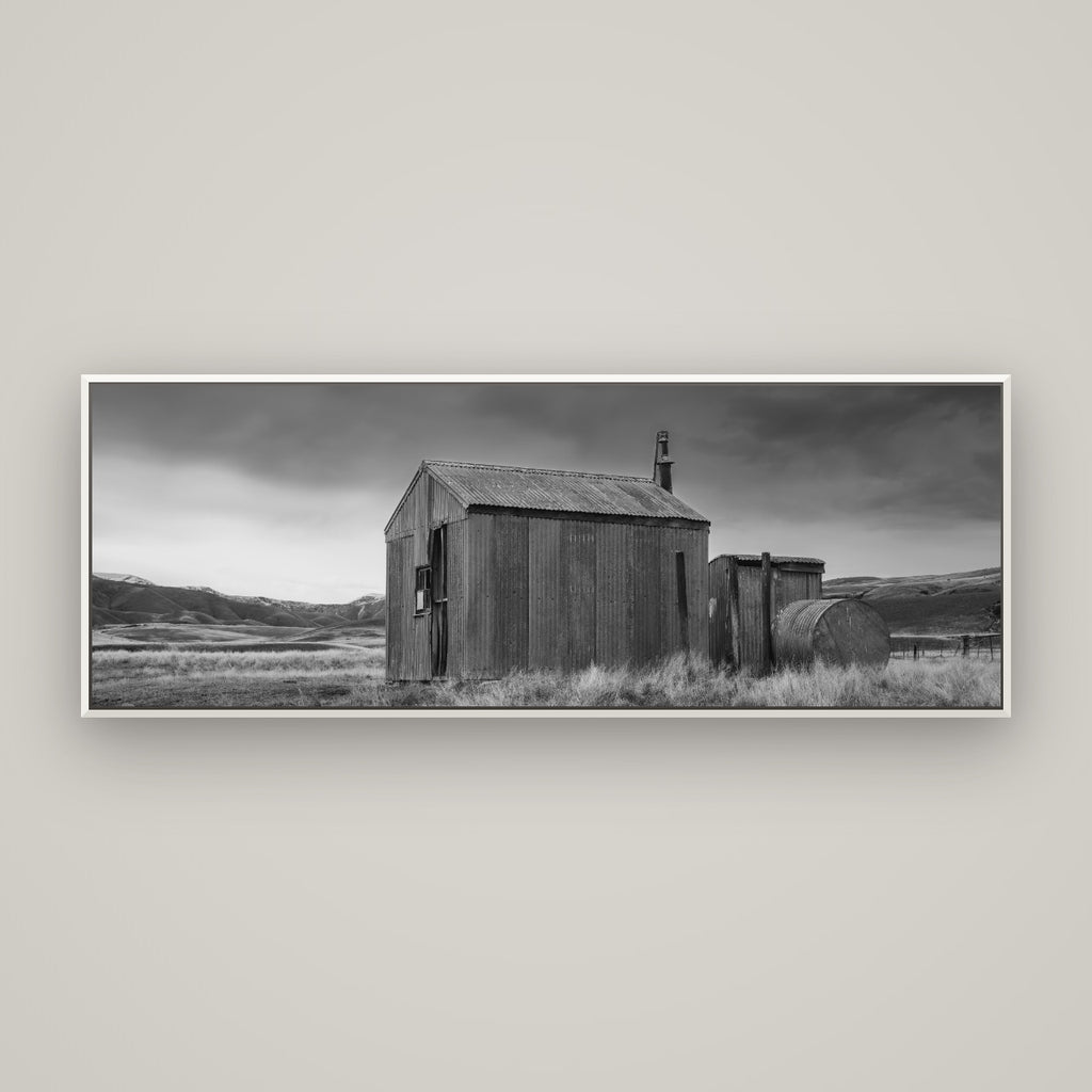 Whispers of Solitude, The Iron Hut — Basel White, 170×60 cm. New Zealand fine art wall art by Stephen Milner.