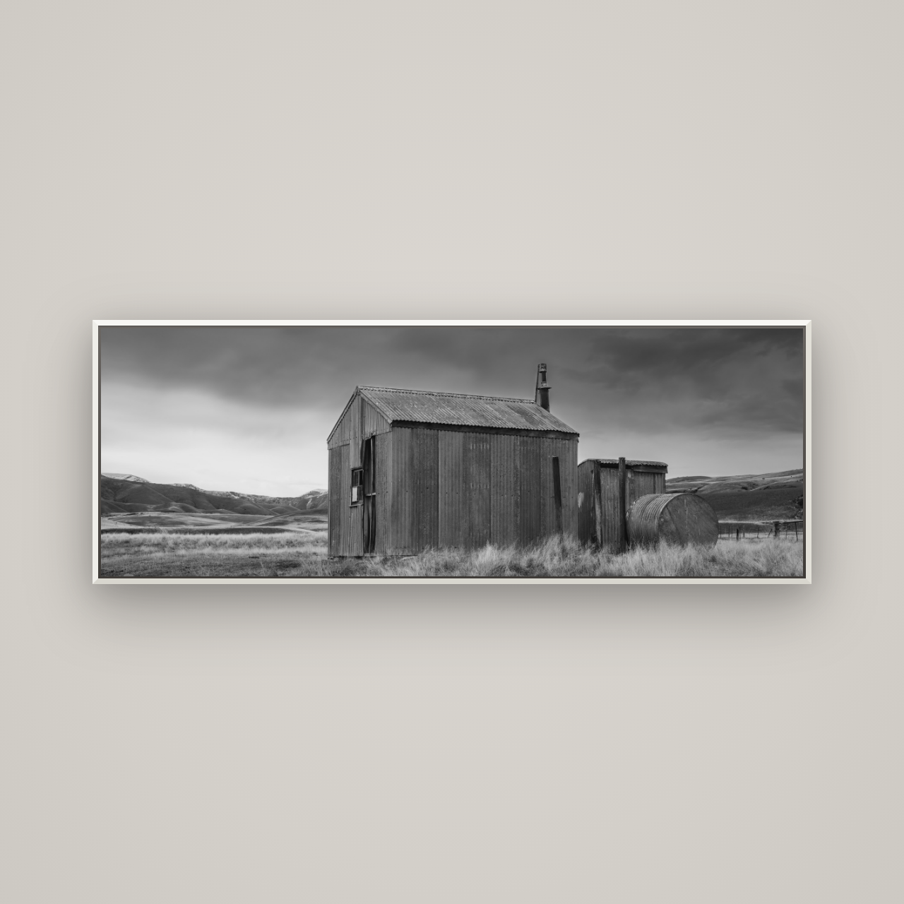 Whispers of Solitude, The Iron Hut — Basel White, 170×60 cm. New Zealand fine art wall art by Stephen Milner.