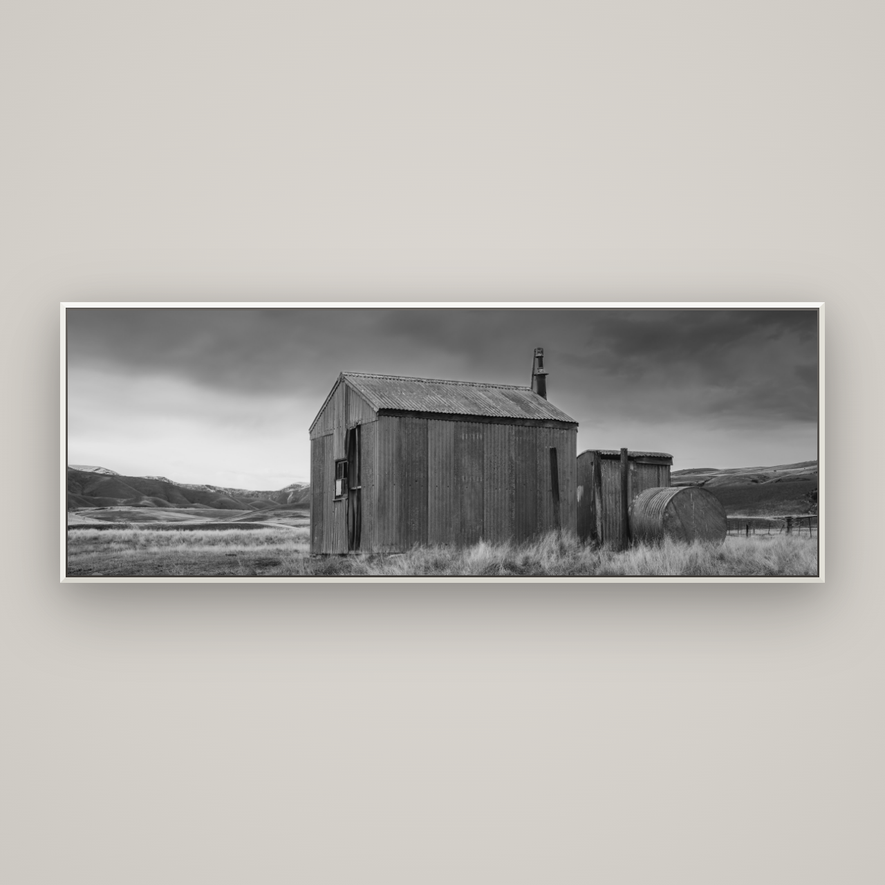 Whispers of Solitude, The Iron Hut — Basel White, 198×70 cm. New Zealand fine art wall art by Stephen Milner.