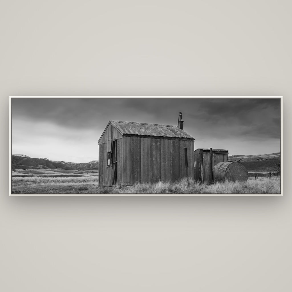 Whispers of Solitude, The Iron Hut — Basel White, 198×70 cm. New Zealand fine art wall art by Stephen Milner.