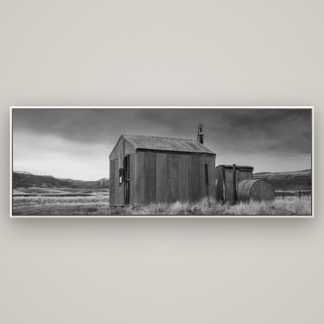 Whispers of Solitude, The Iron Hut — Basel White, 198×70 cm. New Zealand fine art wall art by Stephen Milner.