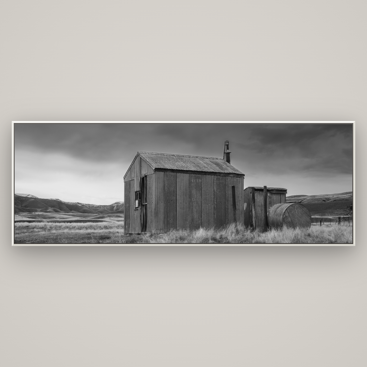 Whispers of Solitude, The Iron Hut — Basel White, 227×80 cm. New Zealand fine art wall art by Stephen Milner.