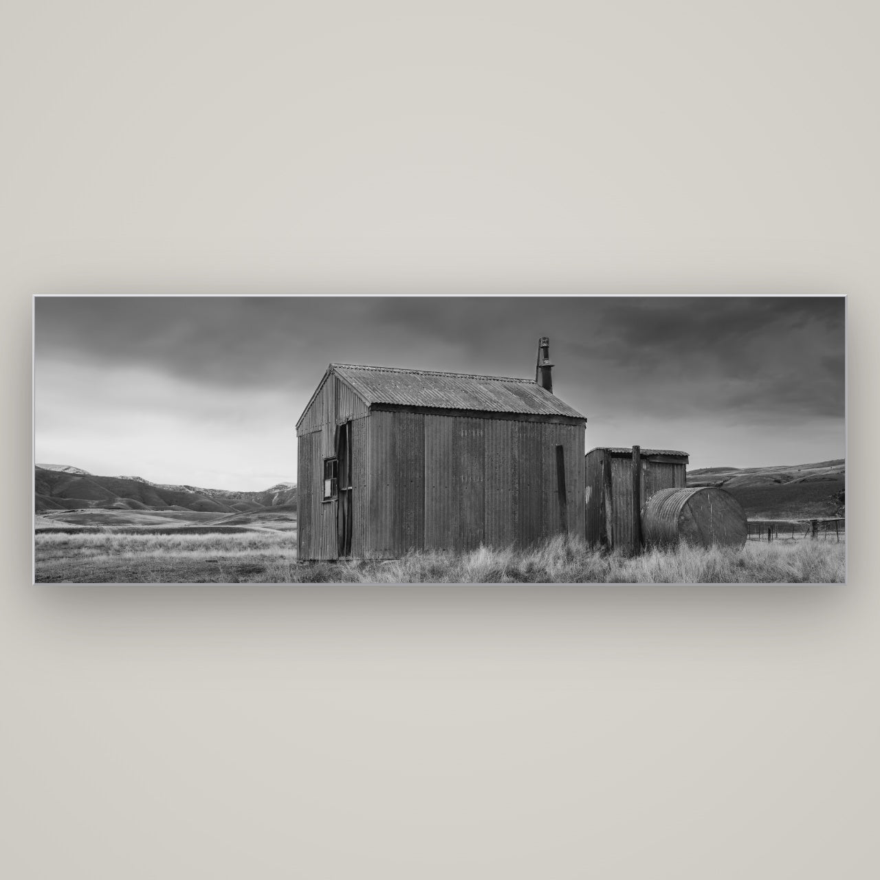 Whispers of Solitude, The Iron Hut — Slimline Silver, 198×70 cm. New Zealand fine art wall art by Stephen Milner.