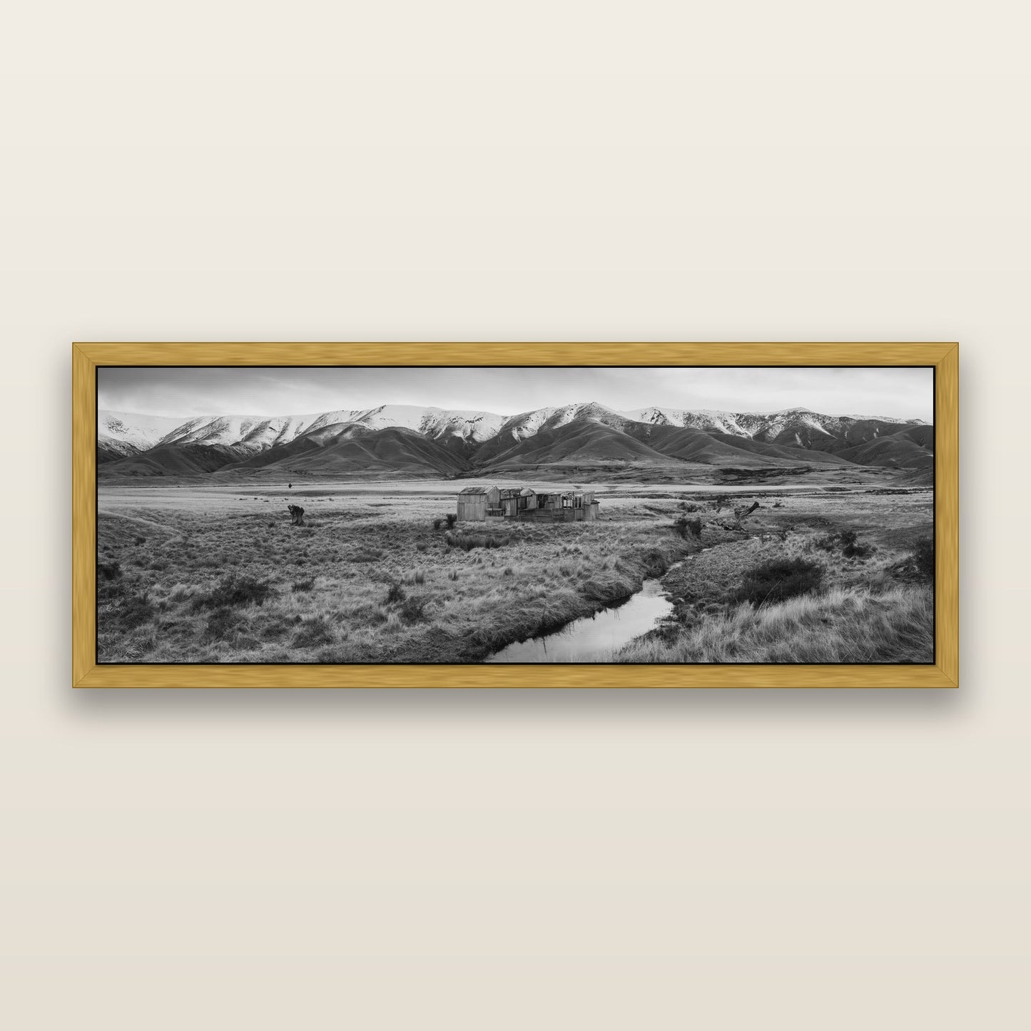 Whispers of Solitude, The Old Homestead — black and white framed metallic canvas print, Antique Gold frame. New Zealand fine art wall art by Stephen Milner.