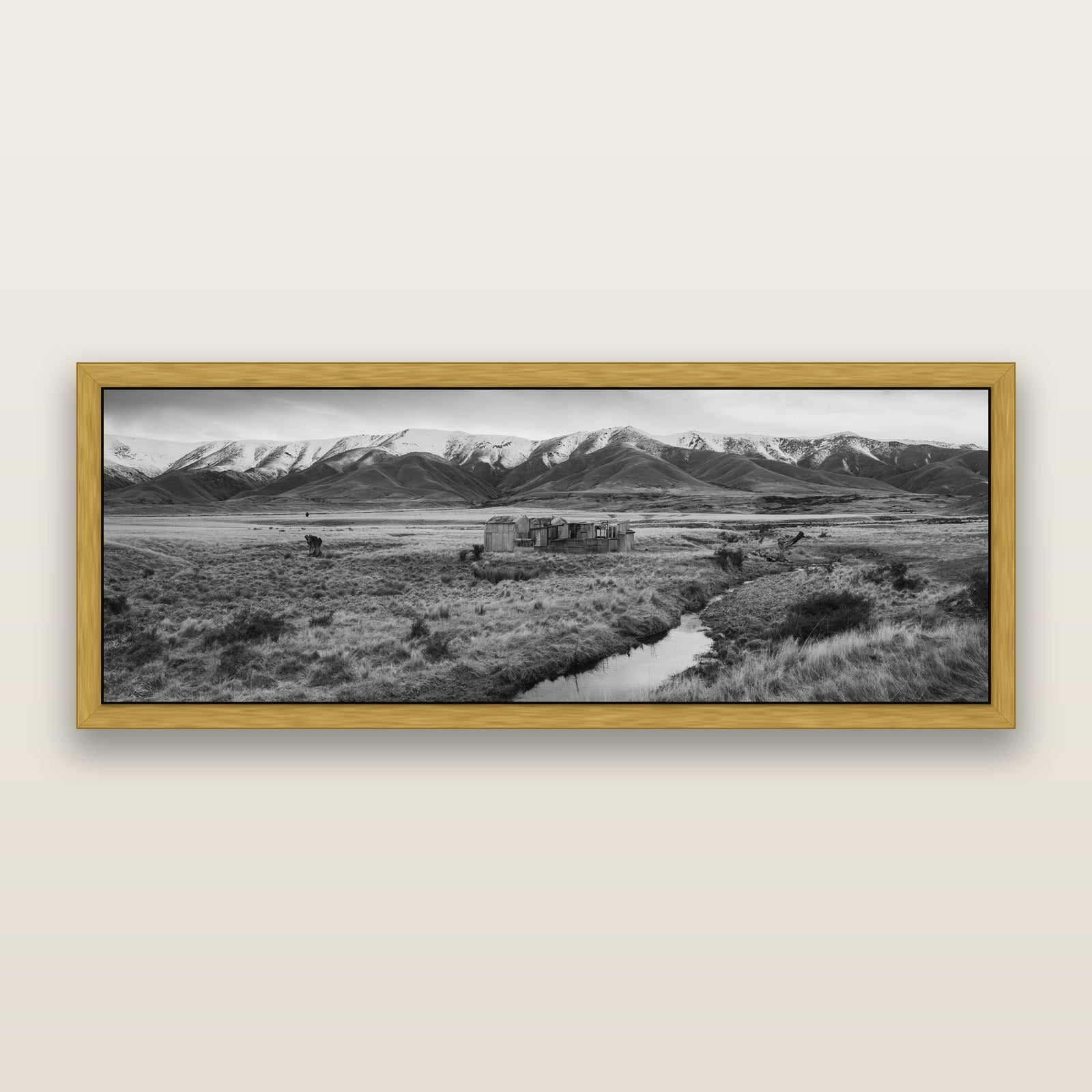 Whispers of Solitude, The Old Homestead, black and white framed metallic canvas print, Antique Gold frame. New Zealand fine art wall art by Stephen Milner.