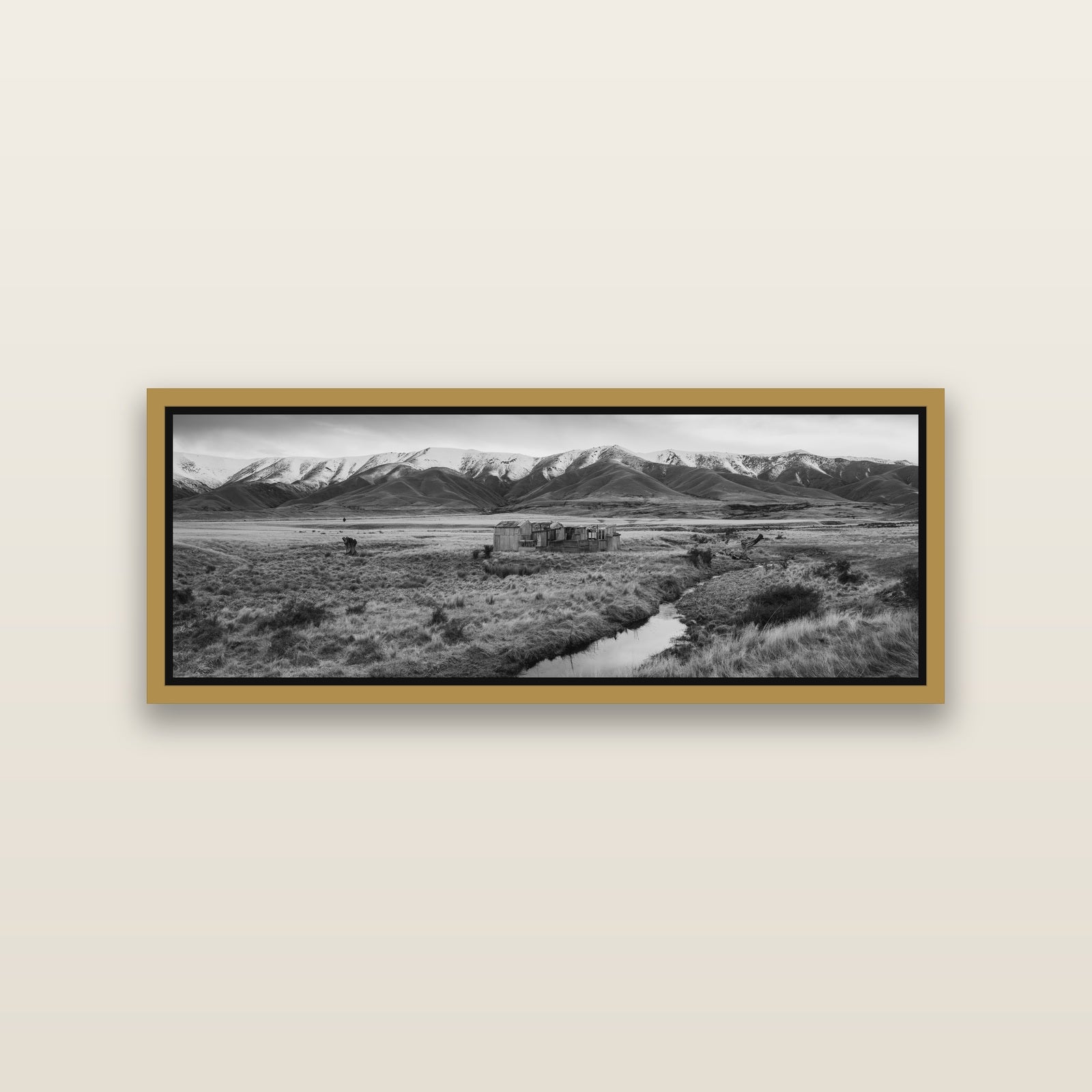Whispers of Solitude, The Old Homestead — Antique Gold framed metallic canvas print, small 86 × 30 cm. New Zealand fine art landscape wall art by Stephen Milner.