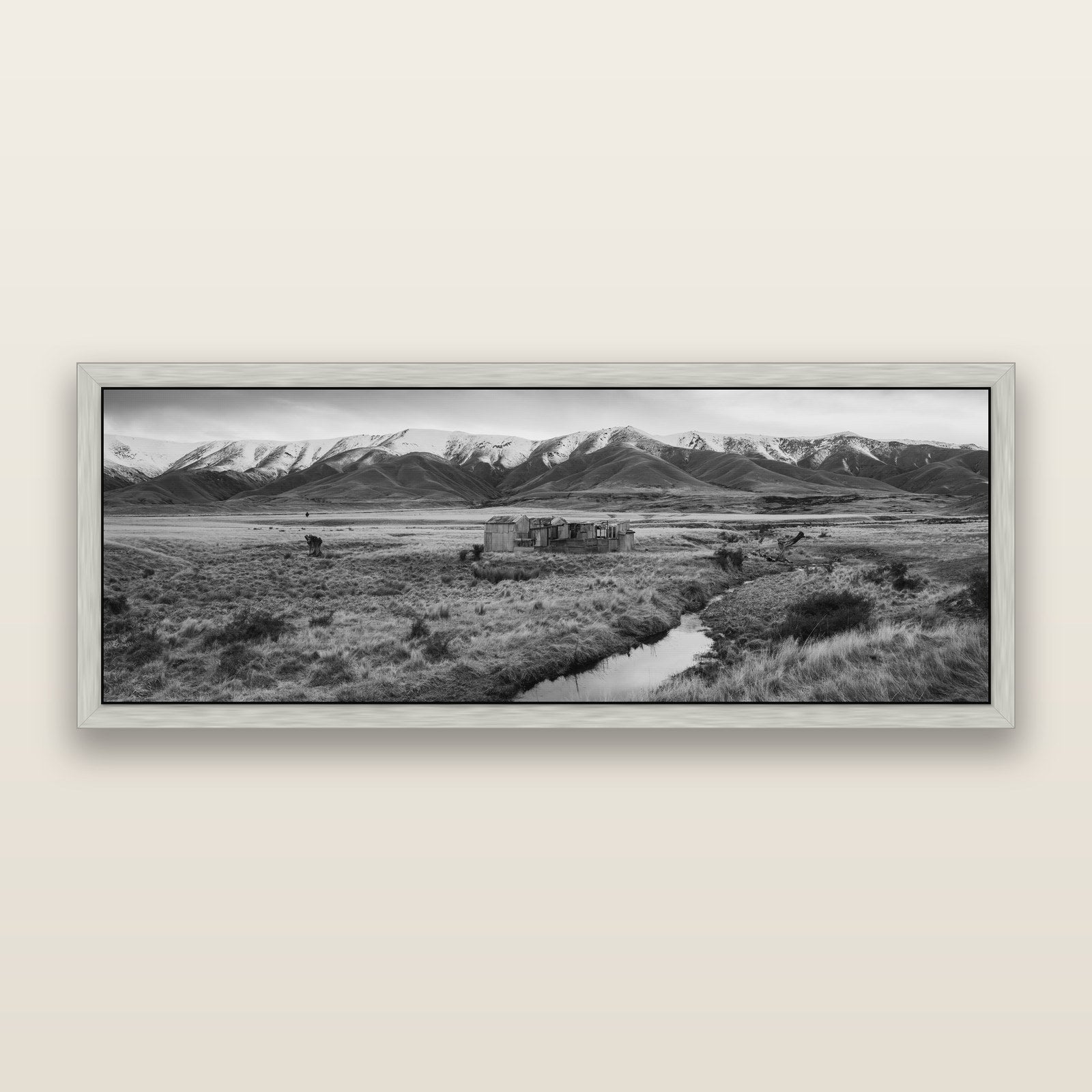 Whispers of Solitude, The Old Homestead, black and white framed metallic canvas print, Antique Silver frame. New Zealand fine art wall art by Stephen Milner.