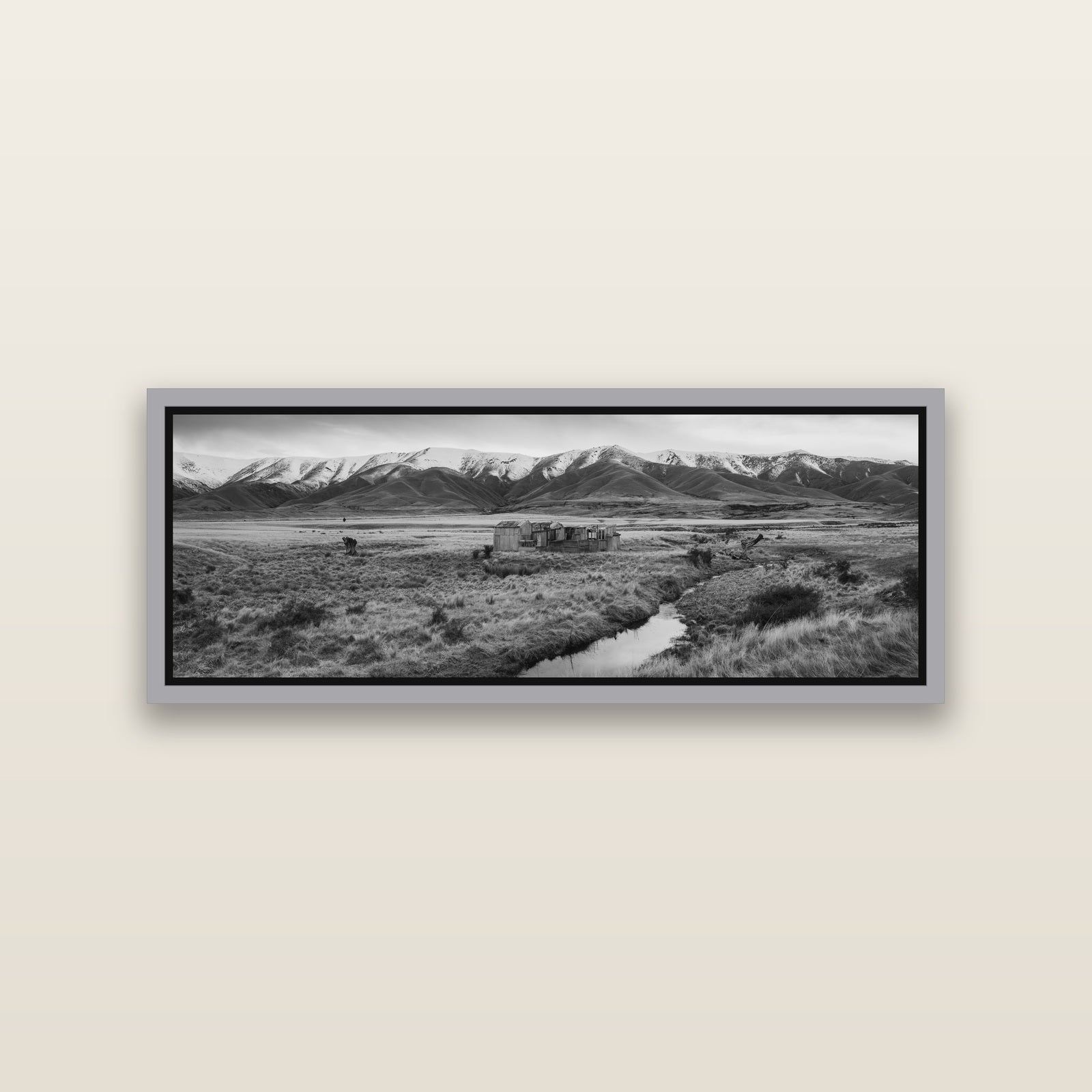 Whispers of Solitude, The Old Homestead — Antique Silver framed metallic canvas print, small 86 × 30 cm. New Zealand fine art landscape wall art by Stephen Milner.