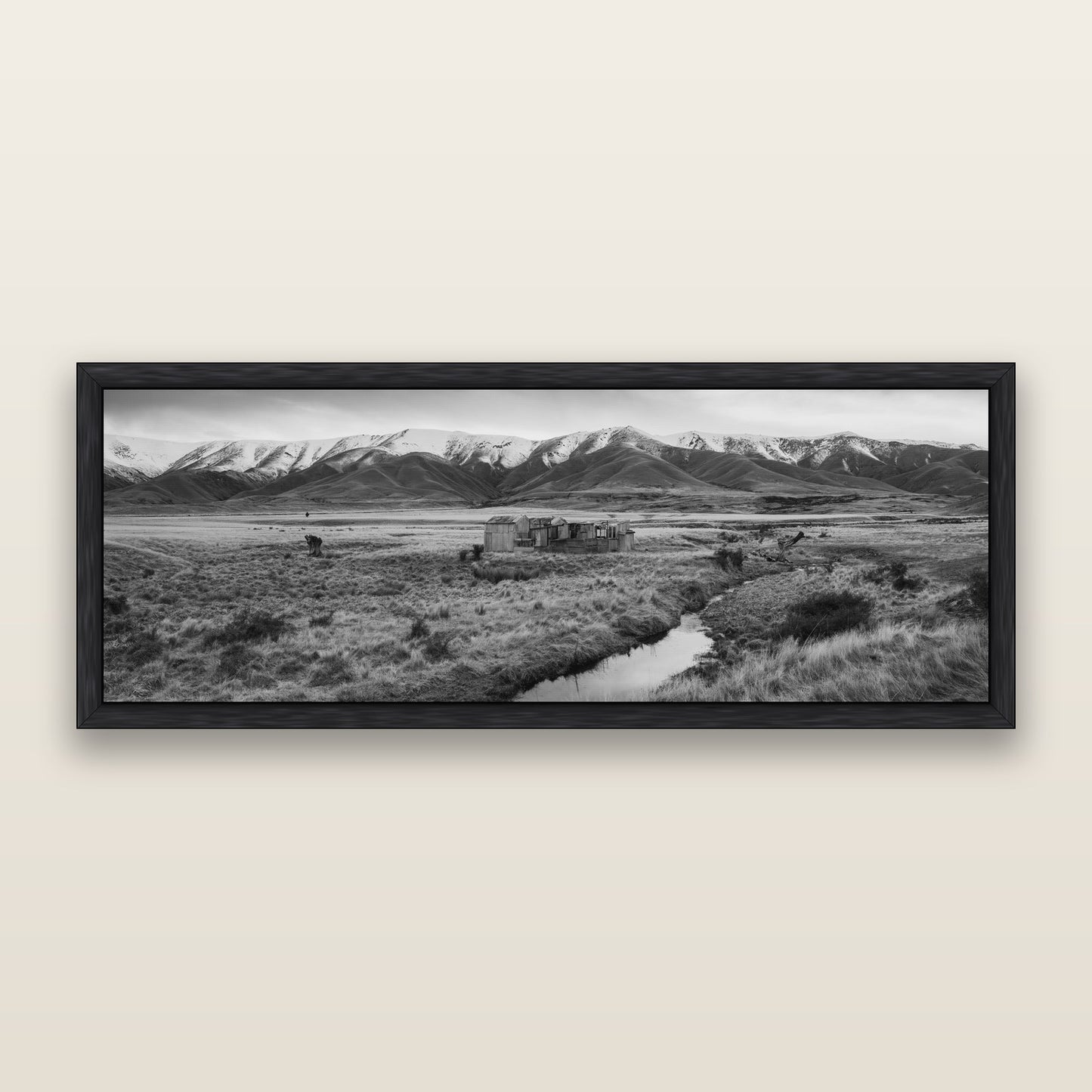 Whispers of Solitude, The Old Homestead — black and white framed metallic canvas print, Black frame. New Zealand fine art wall art by Stephen Milner.