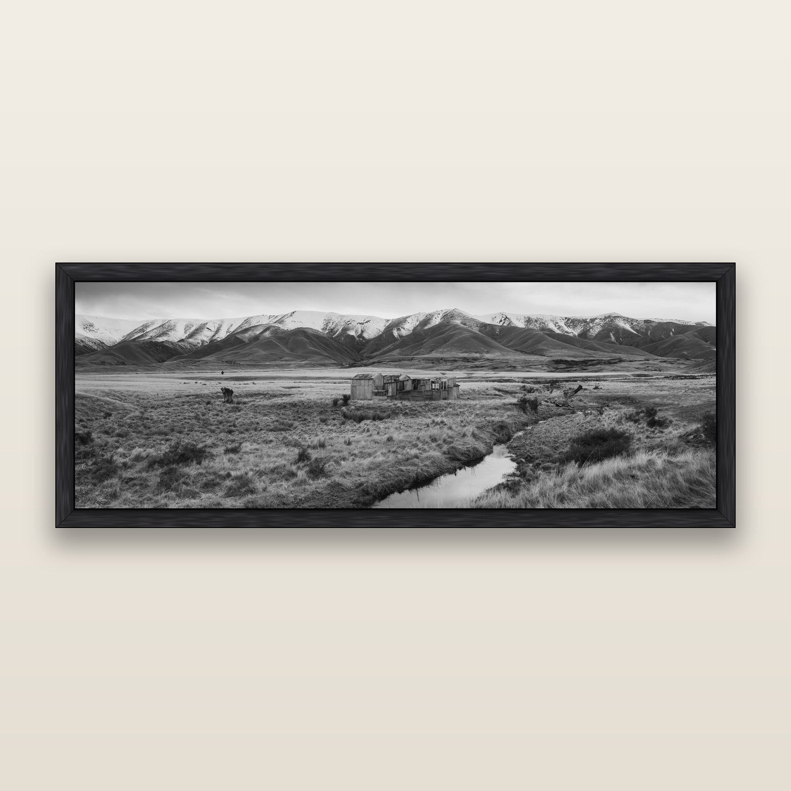 Whispers of Solitude, The Old Homestead — black and white framed metallic canvas print, Black frame. New Zealand fine art wall art by Stephen Milner.