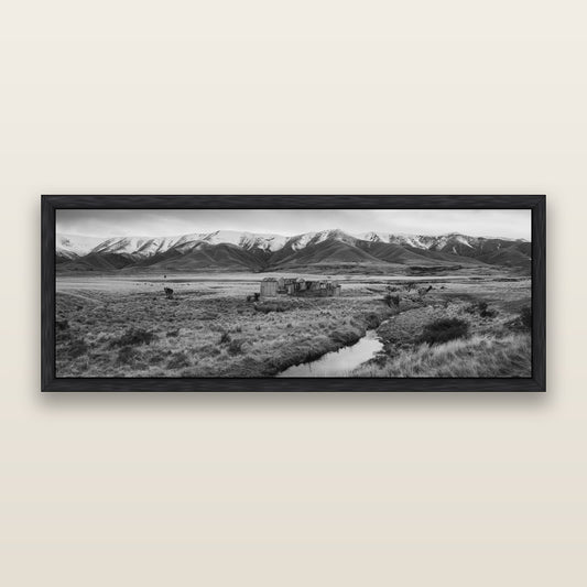 Whispers of Solitude, The Old Homestead — black and white framed metallic canvas print, Black frame. New Zealand fine art wall art by Stephen Milner.