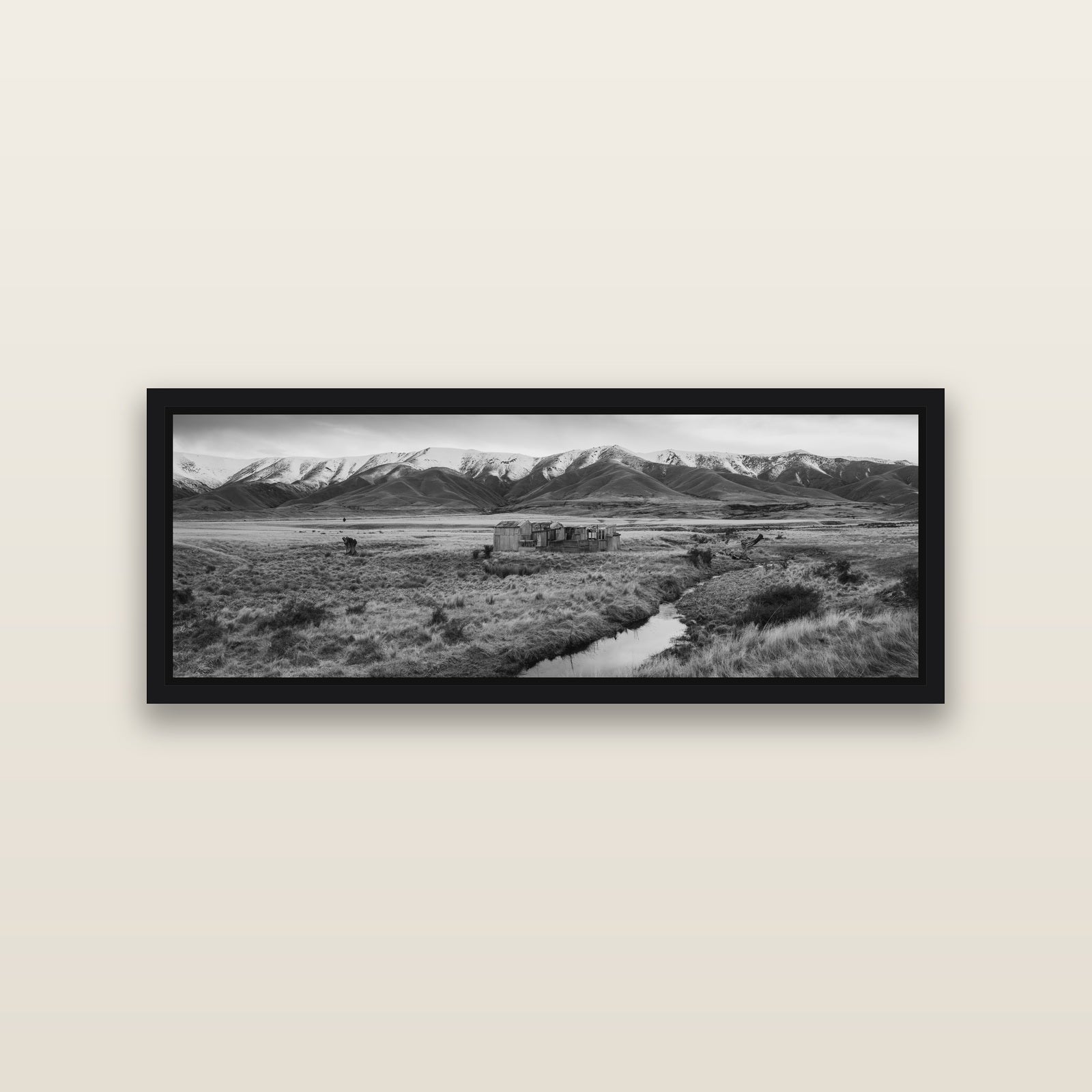Whispers of Solitude, The Old Homestead — Black framed metallic canvas print, small 86 × 30 cm. New Zealand fine art landscape wall art by Stephen Milner.