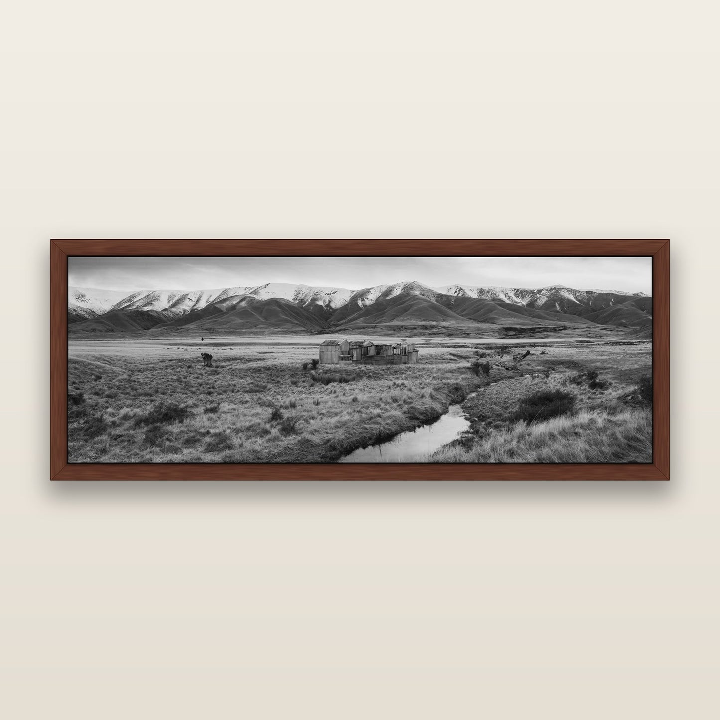 Whispers of Solitude, The Old Homestead — black and white framed metallic canvas print, Brown frame. New Zealand fine art wall art by Stephen Milner.