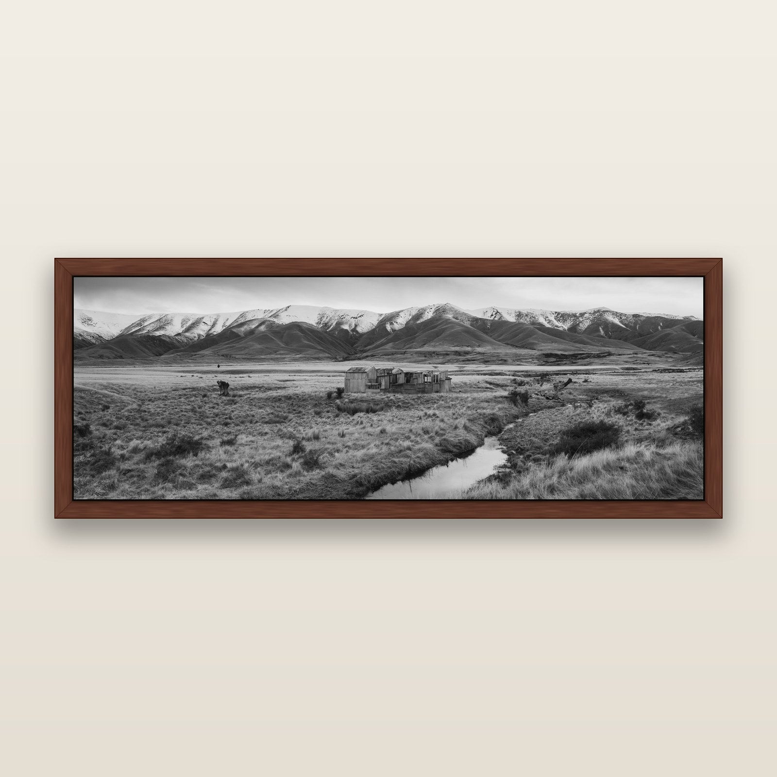 Whispers of Solitude, The Old Homestead, black and white framed metallic canvas print, Brown frame. New Zealand fine art wall art by Stephen Milner.