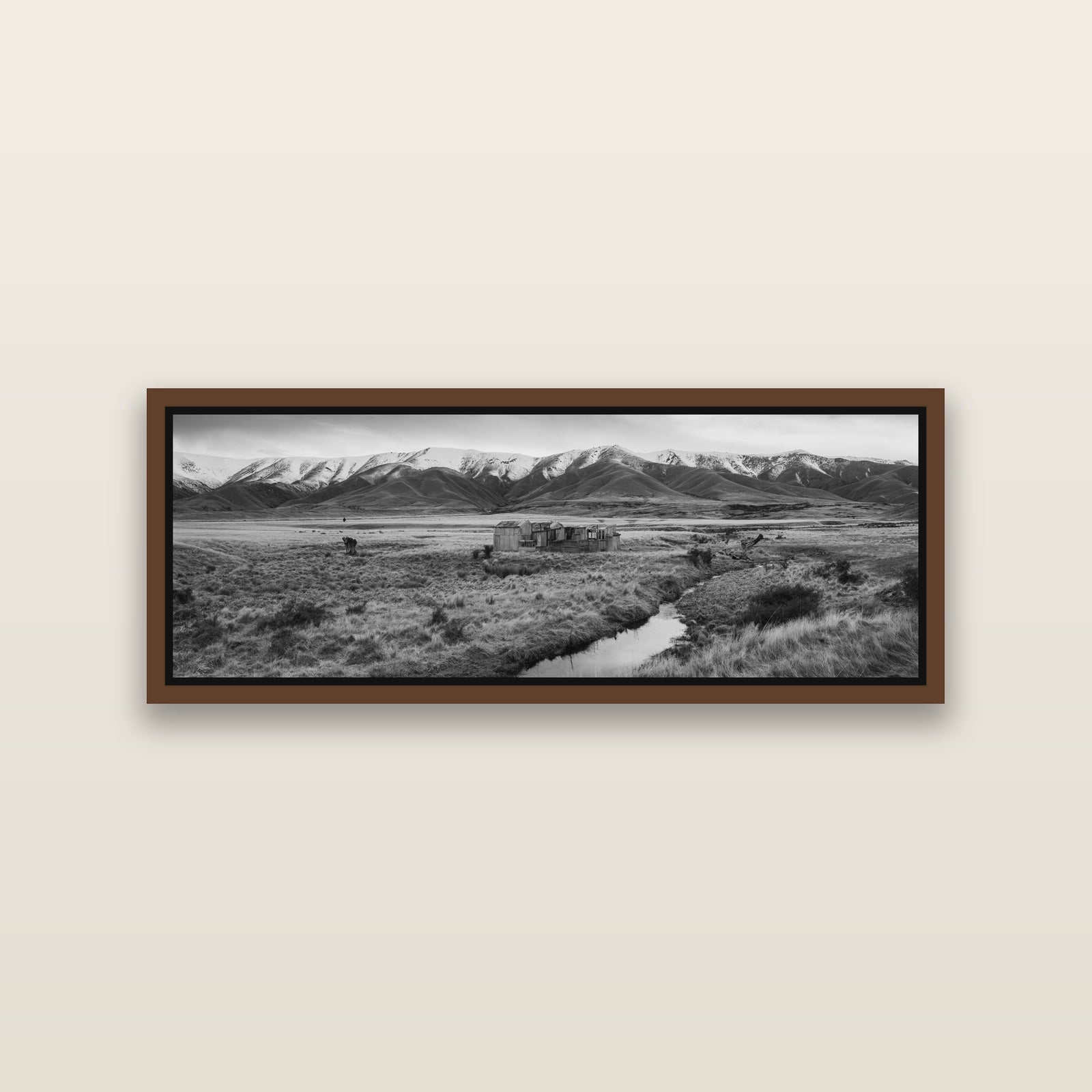 Whispers of Solitude, The Old Homestead — Brown framed metallic canvas print, small 86 × 30 cm. New Zealand fine art landscape wall art by Stephen Milner.