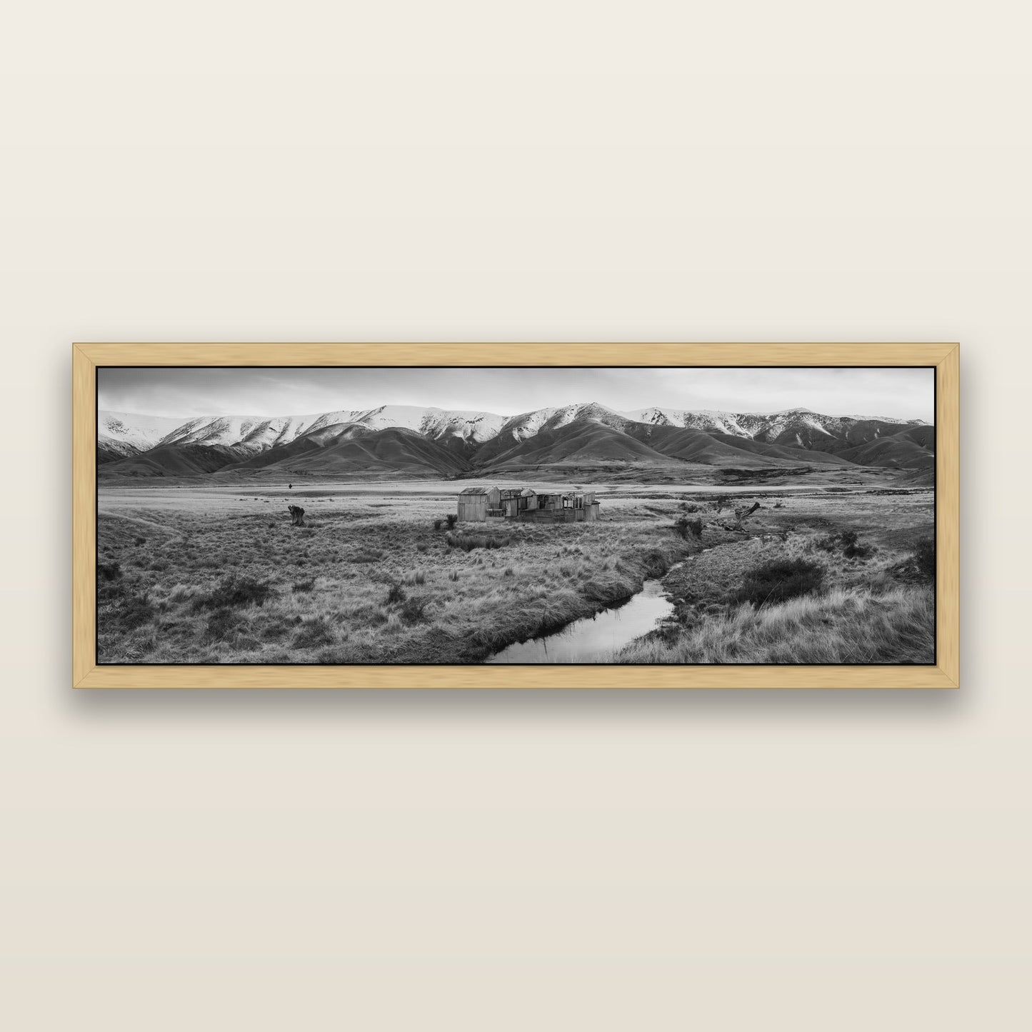 Whispers of Solitude, The Old Homestead — black and white framed metallic canvas print, Natural frame. New Zealand fine art wall art by Stephen Milner.