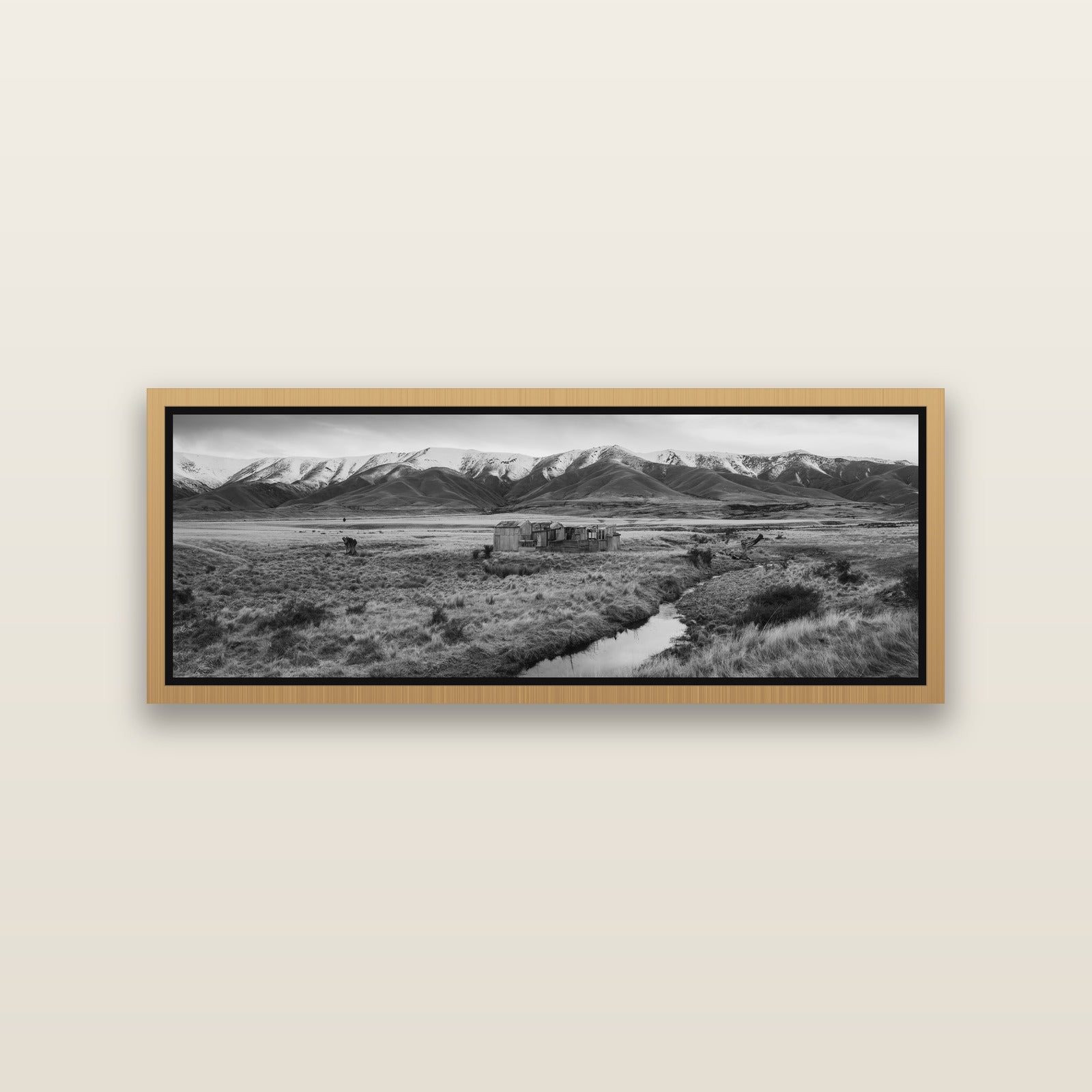 Whispers of Solitude, The Old Homestead — Natural framed metallic canvas print, small 86 × 30 cm. New Zealand fine art landscape wall art by Stephen Milner.