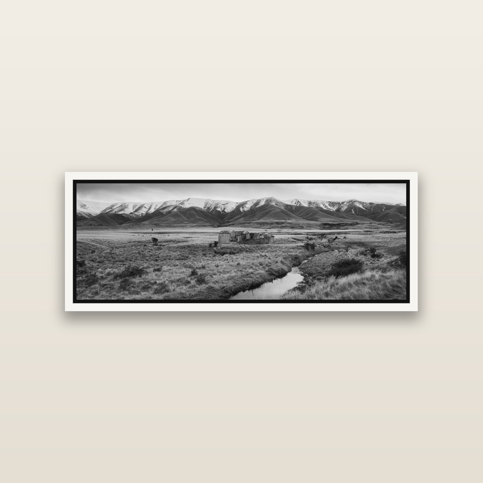 Whispers of Solitude, The Old Homestead — White framed metallic canvas print, small 86 × 30 cm. New Zealand fine art landscape wall art by Stephen Milner.