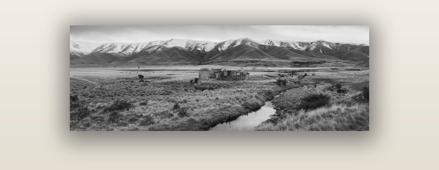 Whispers of Solitude, The Old Homestead — acrylic glass print, 122 × 41 cm. New Zealand fine art landscape wall art by Stephen Milner.
