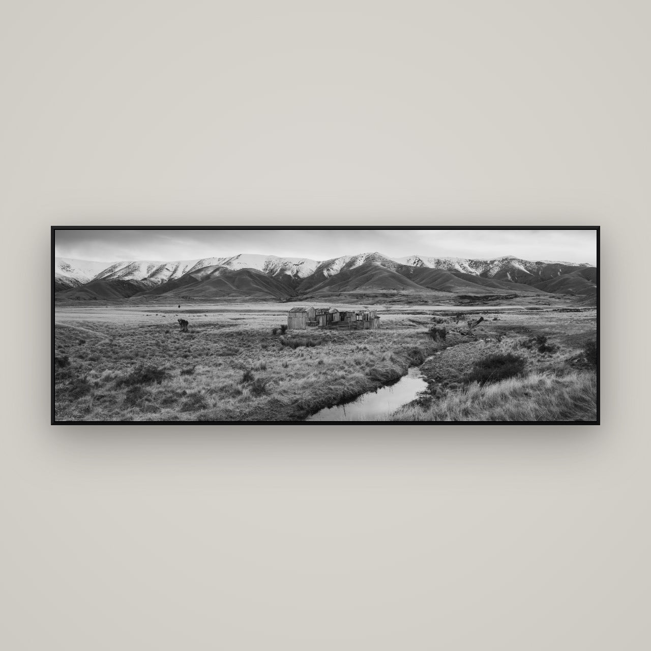 Whispers of Solitude, The Old Homestead — ArtBox Black, 170×60 cm. New Zealand fine art wall art by Stephen Milner.