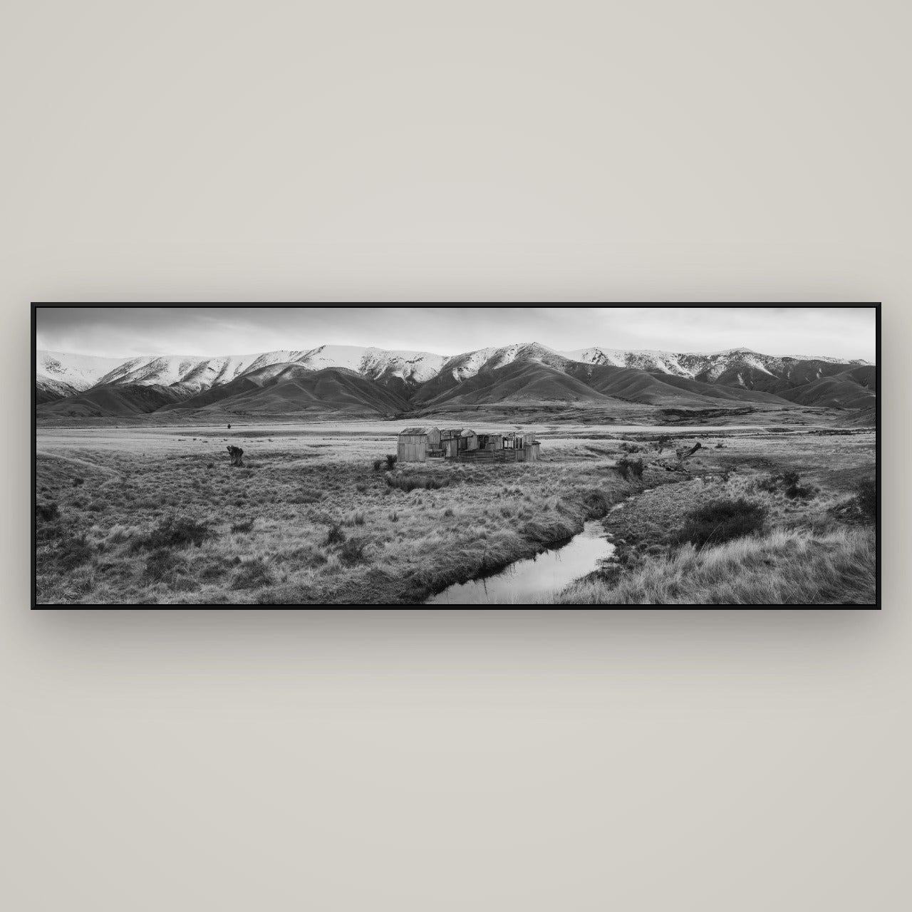 Whispers of Solitude, The Old Homestead — ArtBox Black, 198×70 cm. New Zealand fine art wall art by Stephen Milner.