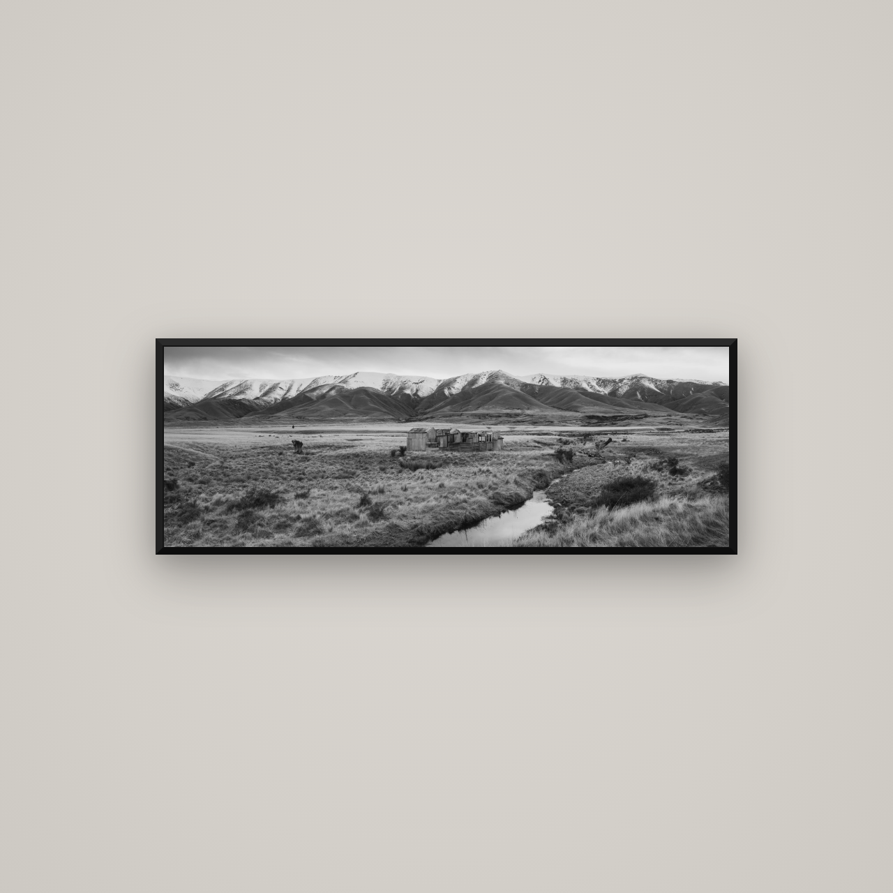 Whispers of Solitude, The Old Homestead — Basel Black Matte, 113×40 cm. New Zealand fine art wall art by Stephen Milner.