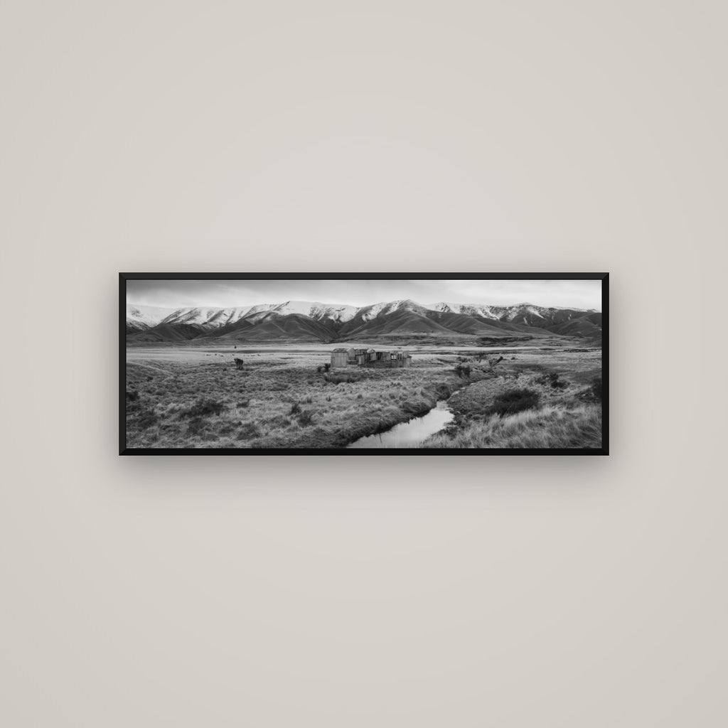 Whispers of Solitude, The Old Homestead — Basel Black Matte, 113×40 cm. New Zealand fine art wall art by Stephen Milner.