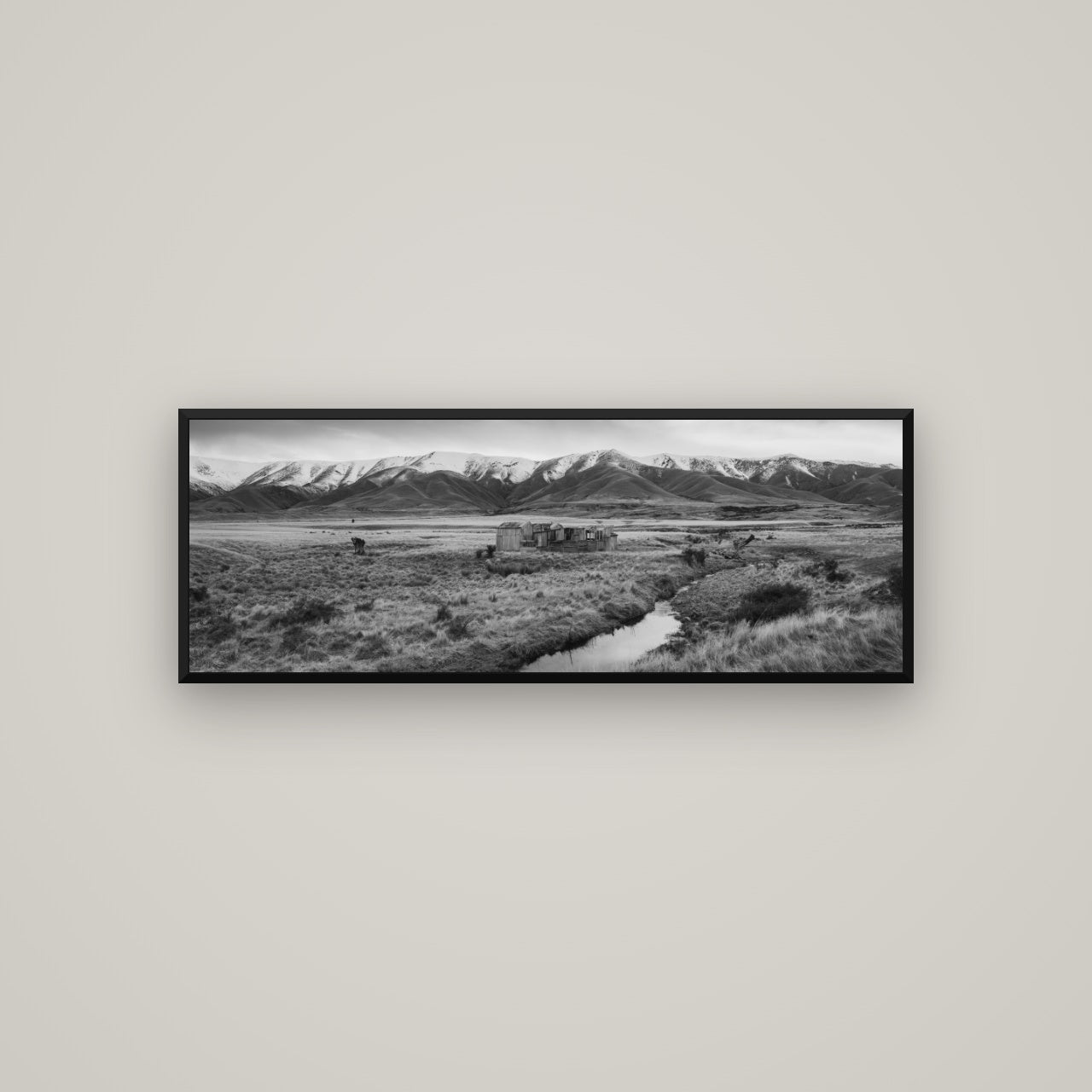 Whispers of Solitude, The Old Homestead — Basel Black, 113×40 cm. New Zealand fine art wall art by Stephen Milner.