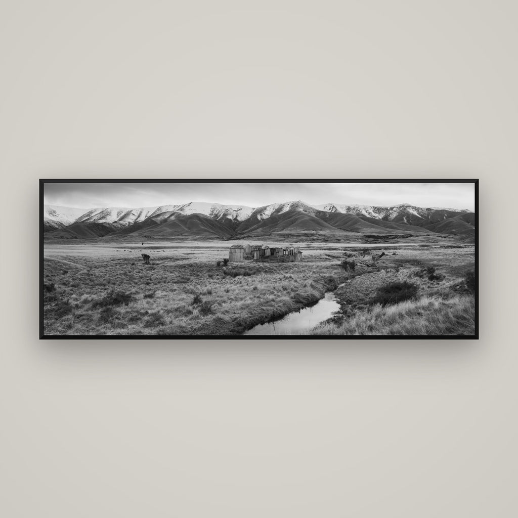 Whispers of Solitude, The Old Homestead — Basel Black Matte, 170×60 cm. New Zealand fine art wall art by Stephen Milner.