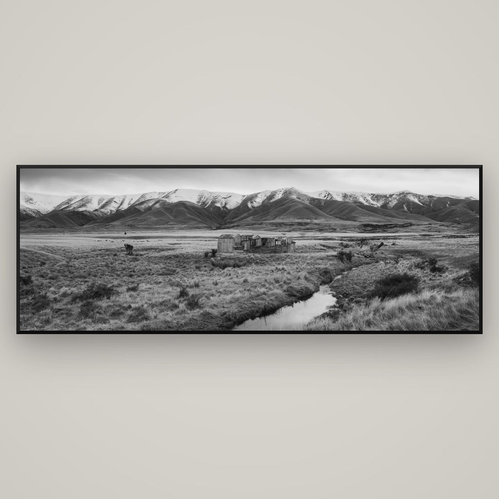 Whispers of Solitude, The Old Homestead — Basel Black Matte, 198×70 cm. New Zealand fine art wall art by Stephen Milner.