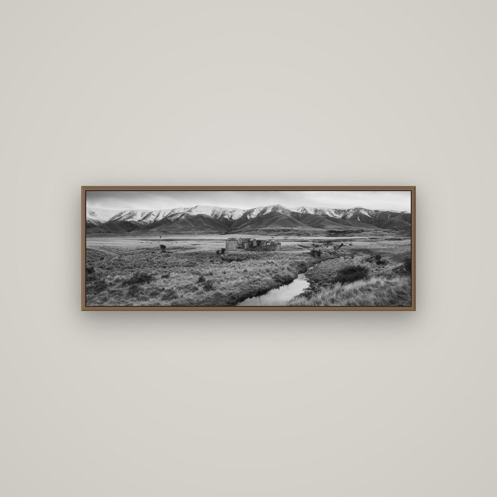 Whispers of Solitude, The Old Homestead, Basel Walnut, 113×40 cm. New Zealand fine art wall art by Stephen Milner.